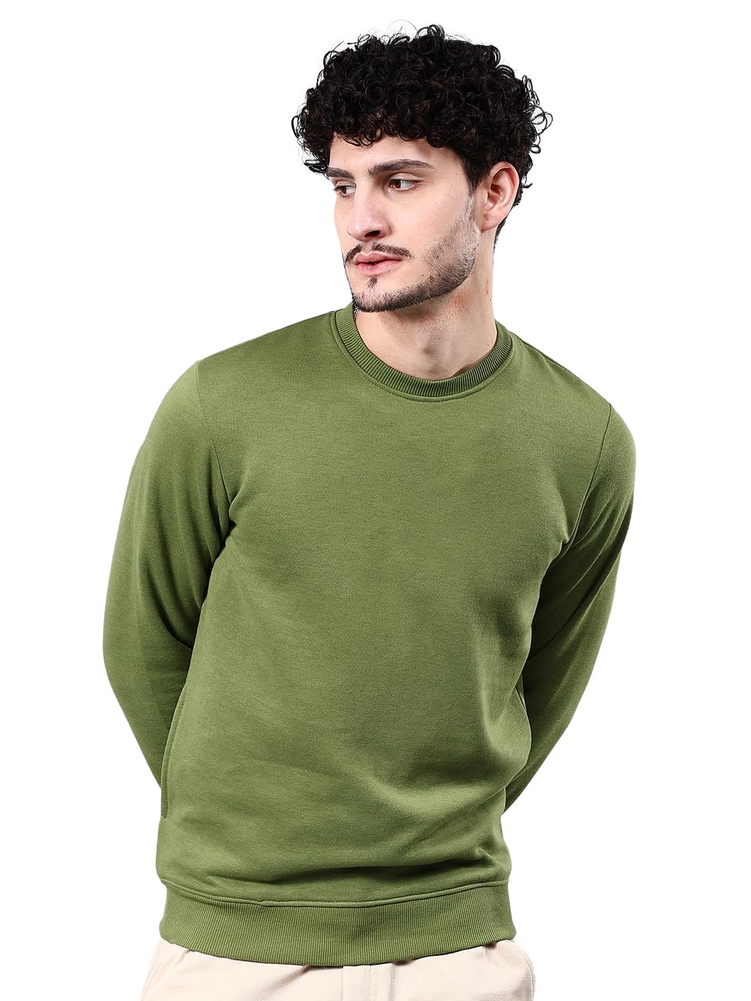 Olive Regular Fit Solid Overhead Crewneck Sweatshirt-image-24