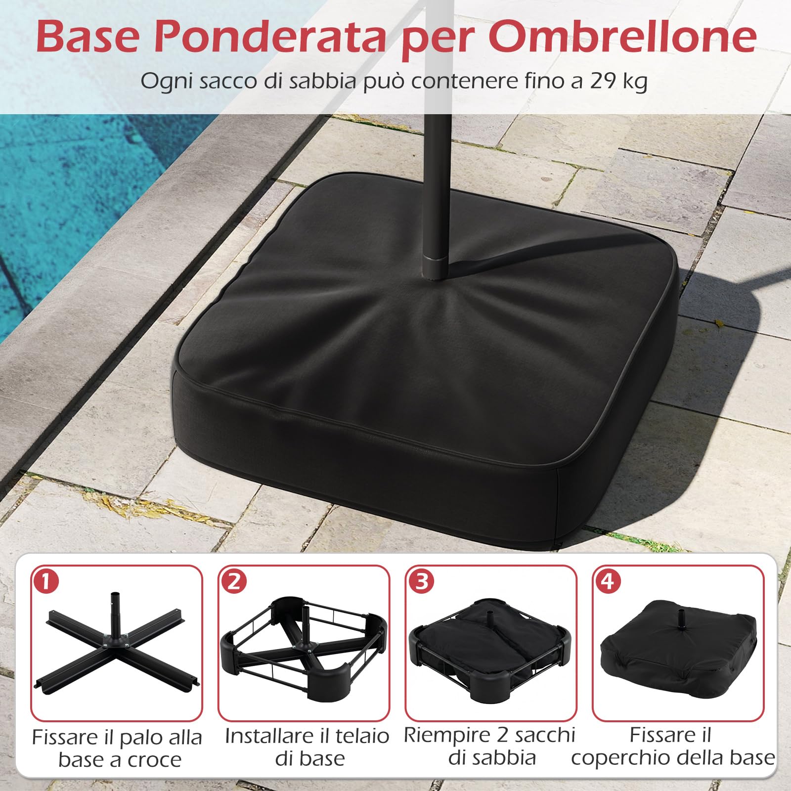 Base Per Ombrellone Riempibile Con Ruote, Antivento, 56,7kg, 4 Ruote Di Cui 2 Bloccabili, Nero