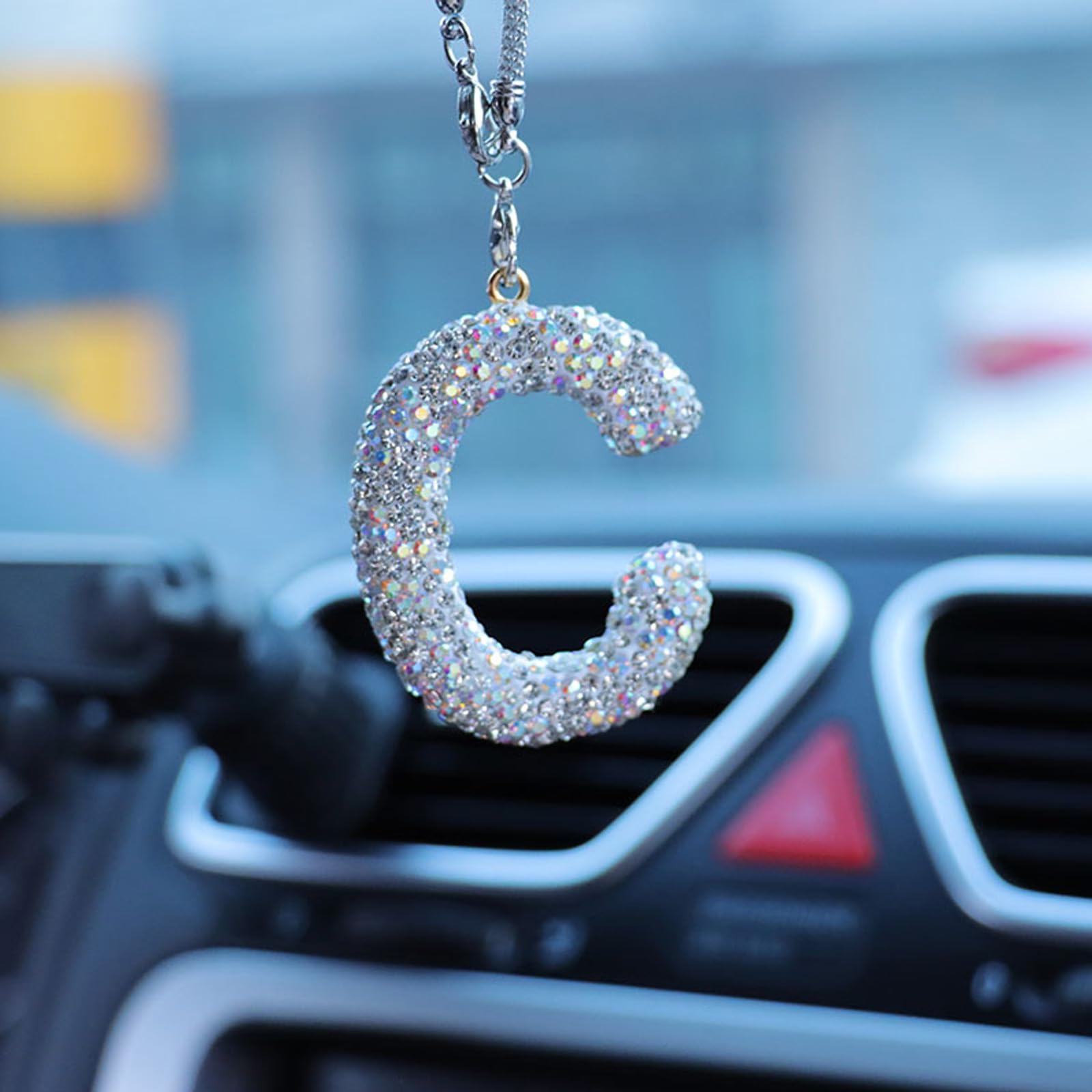 Plorede Women's White C Bling Rhinestone Car Mirror Charm - Rearview Hanging Ornament Accessories With Diamond Decor For (White C)