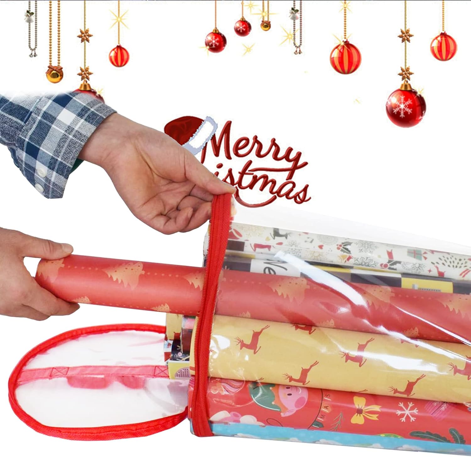 homyfort Christmas Wrapping Paper Storage Box Oxford Cloth & Gift Wrap Organizer Bag,fits 27-40 Inch Standard Rolls with Section, 40.5” Long Underbed Storage for Holiday Decorations(Grey and Red) : Home & Kitchen