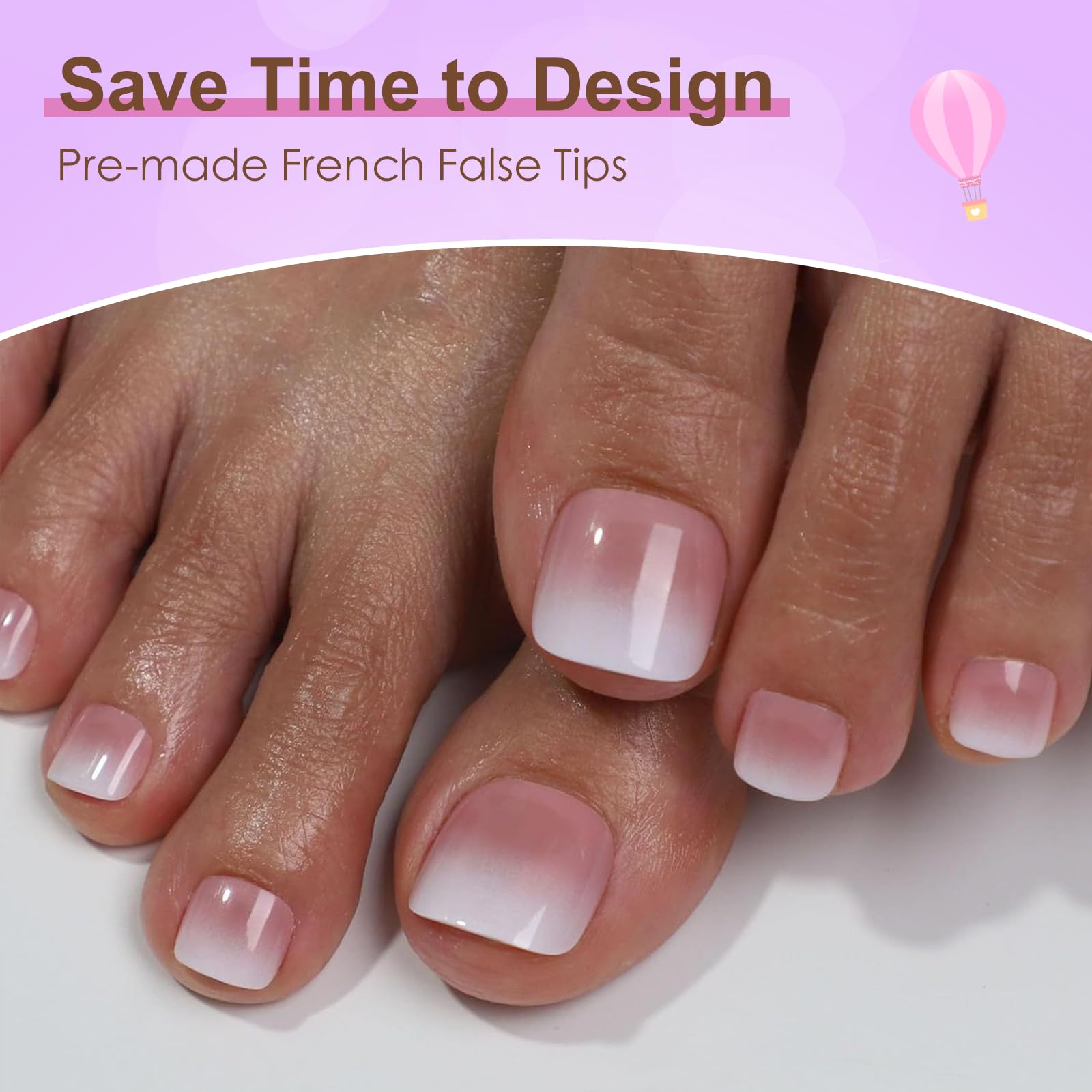 ZAHVIA 120 Pcs False Toe Nails, Gradient Pink Press on Toenails, 12 Sizes Glossy Stick on Toenails - Image 2