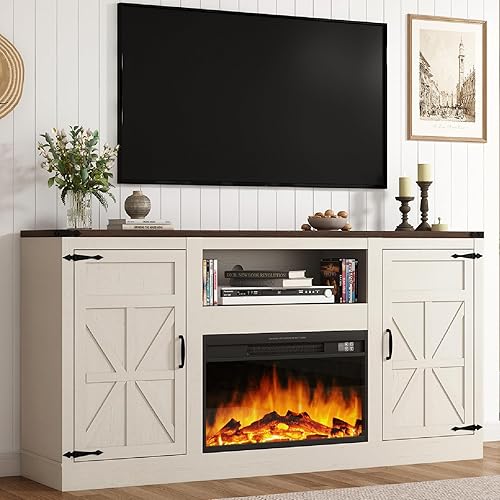 66" Farmhouse Fireplace TV Stand for 75" TVs, 33.5" Tall Entertainment Center w/26 Electric Fireplace&Storage Adjustable Shelves, Fireplace TV Media Console for Living Room, Rustic White