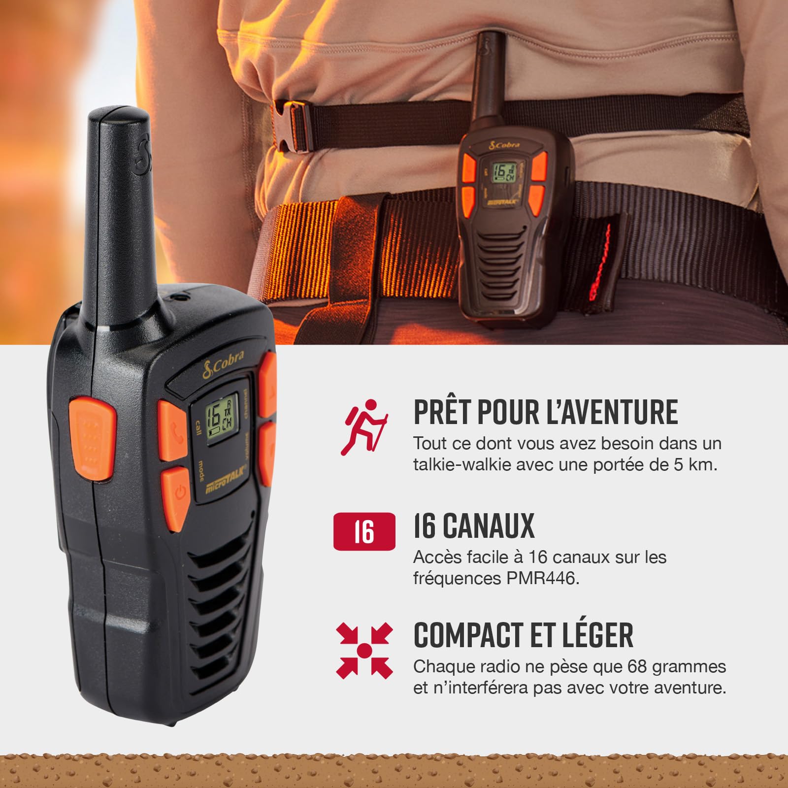 Cobra AM255 Talkies-Walkies Légers IPX2 (Pack de 2) – Portée de 5 km, 16 canaux, Fonction d'économie d'énergie, talkies-Walkies Rechargeables, Noir