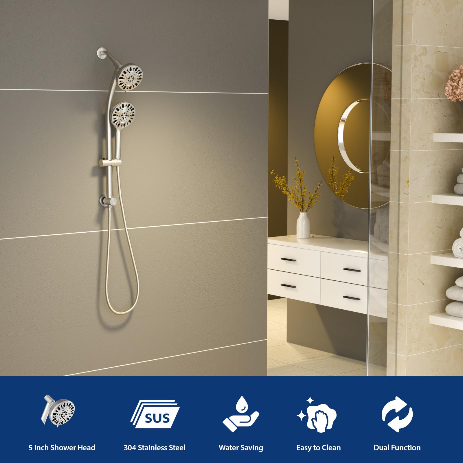 Sarlai Shower Mixer Set,7 Spray Jet Modes Adjustable Shower Riser Rail Kit,4.7 Inch Shower Head and Hose for Bathrooms,Shower Head 2-Way Diverter,Brushed Nickel - Image 3