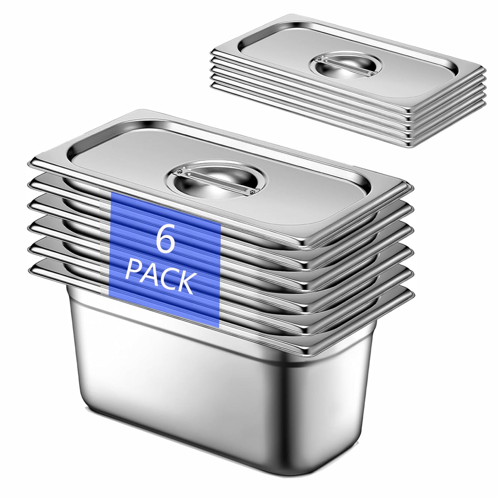 6 recipientes GN 1/3, 33 x 18 x 15 cm, de acero inoxidable con tapa, recipientes para alimentos, tartas, hoteles, etc
