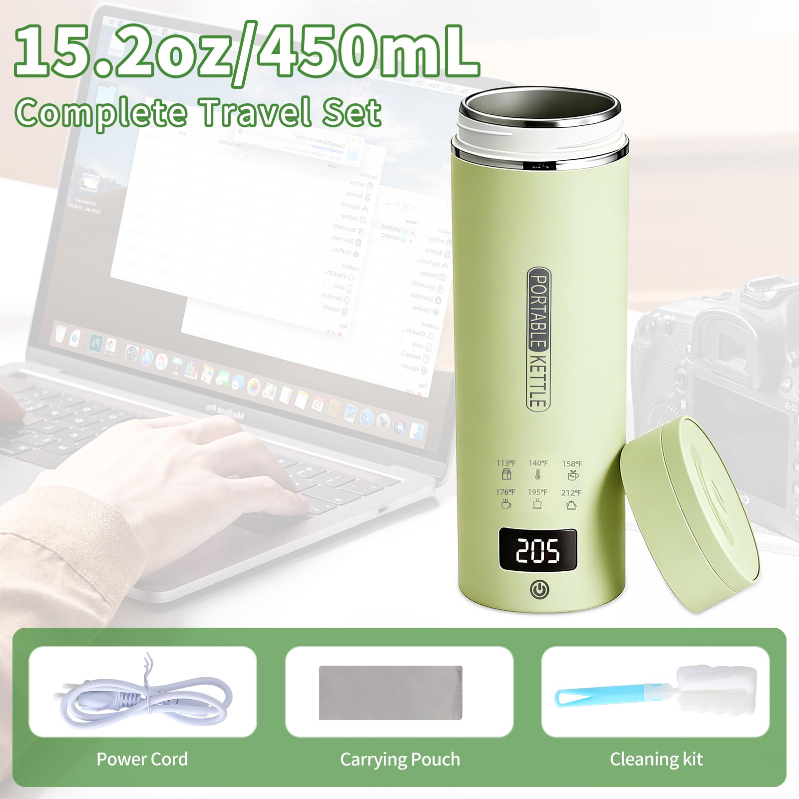Bouilloire électrique de voyage verte avec écran LCD, 6 réglages de température, 450 ml, acier inoxydable 304, arrêt automatique et protection contre l'ébullition à sec, bouilloire électrique compacte