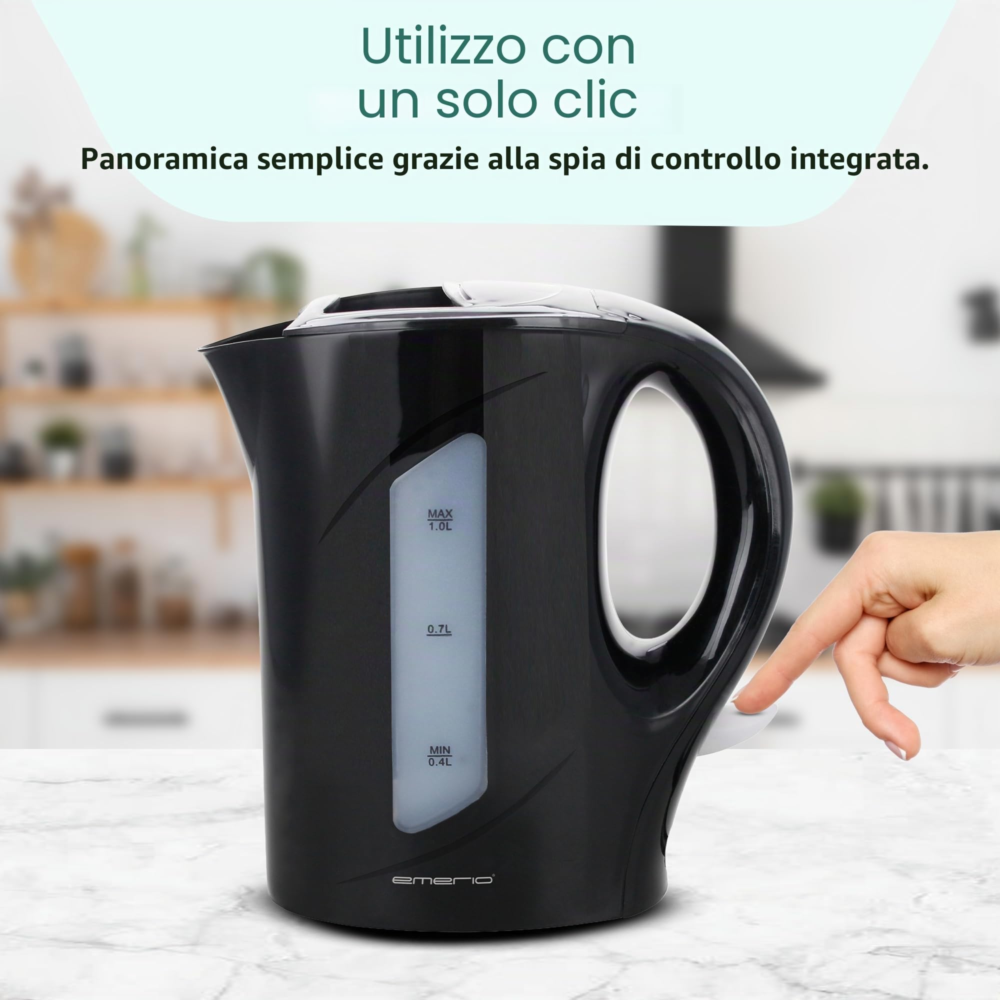 Emerio WK-121616.1 - Bollitore elettrico, 1,0 litri, 900 Watt, indicatore del livello dell'acqua, senza BPA, protezione antigoccia, interruttore on/off illuminato, ideale per casa, campeggio o