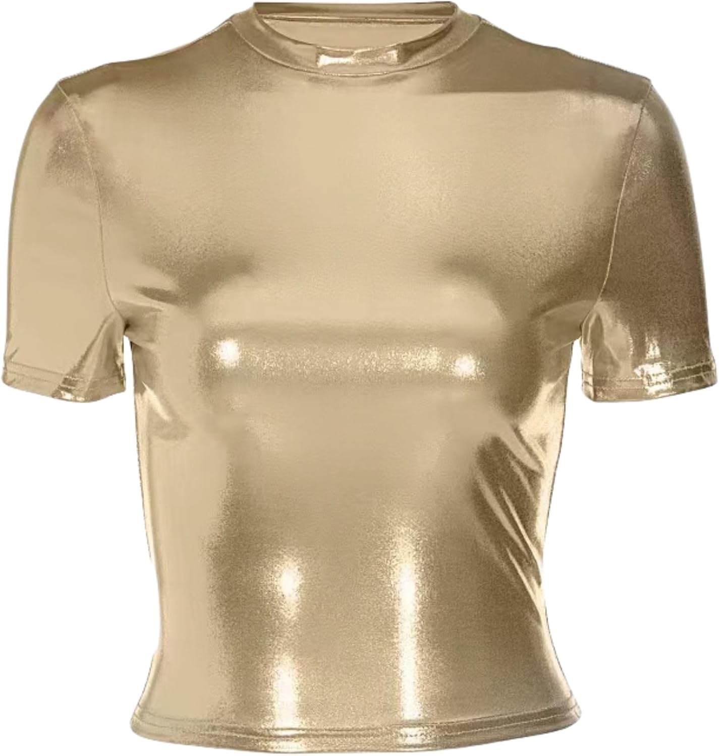 Women's Shiny Metallic Short Sleeve T Shirt Sexy Mock Neck Slim Crop Top Party Disco Club Tees - Image 3