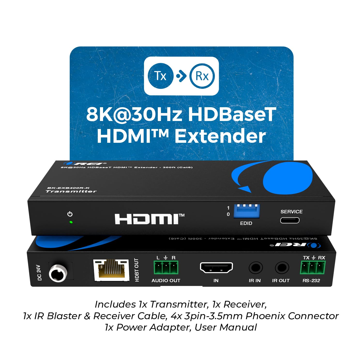 OREI Câble d'extension HDMI sur Ethernet 4K @ 120 Hz - HDBaseT UltraHD 8K @ 30 Hz CAT6/7 - Contrôle HDR, CEC et IR, RS-232 - 120 m avec câble d'alimentation et sortie