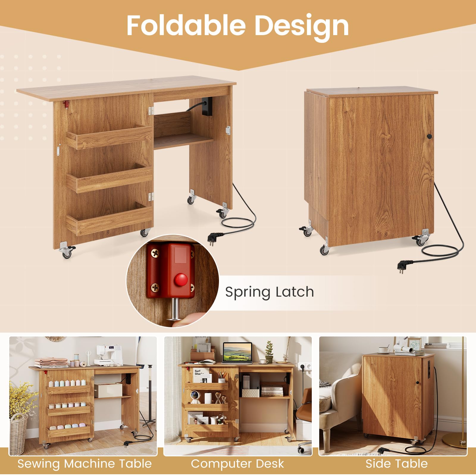GIANTEX Table de Couture sur roulettes, Meuble Machine à Coudre, Station de Recharge, 4 Plateaux Ouvert de Rangement, Grand Plan de Travail, Meuble Couture Pliant pour Salon, Bureau, Naturel