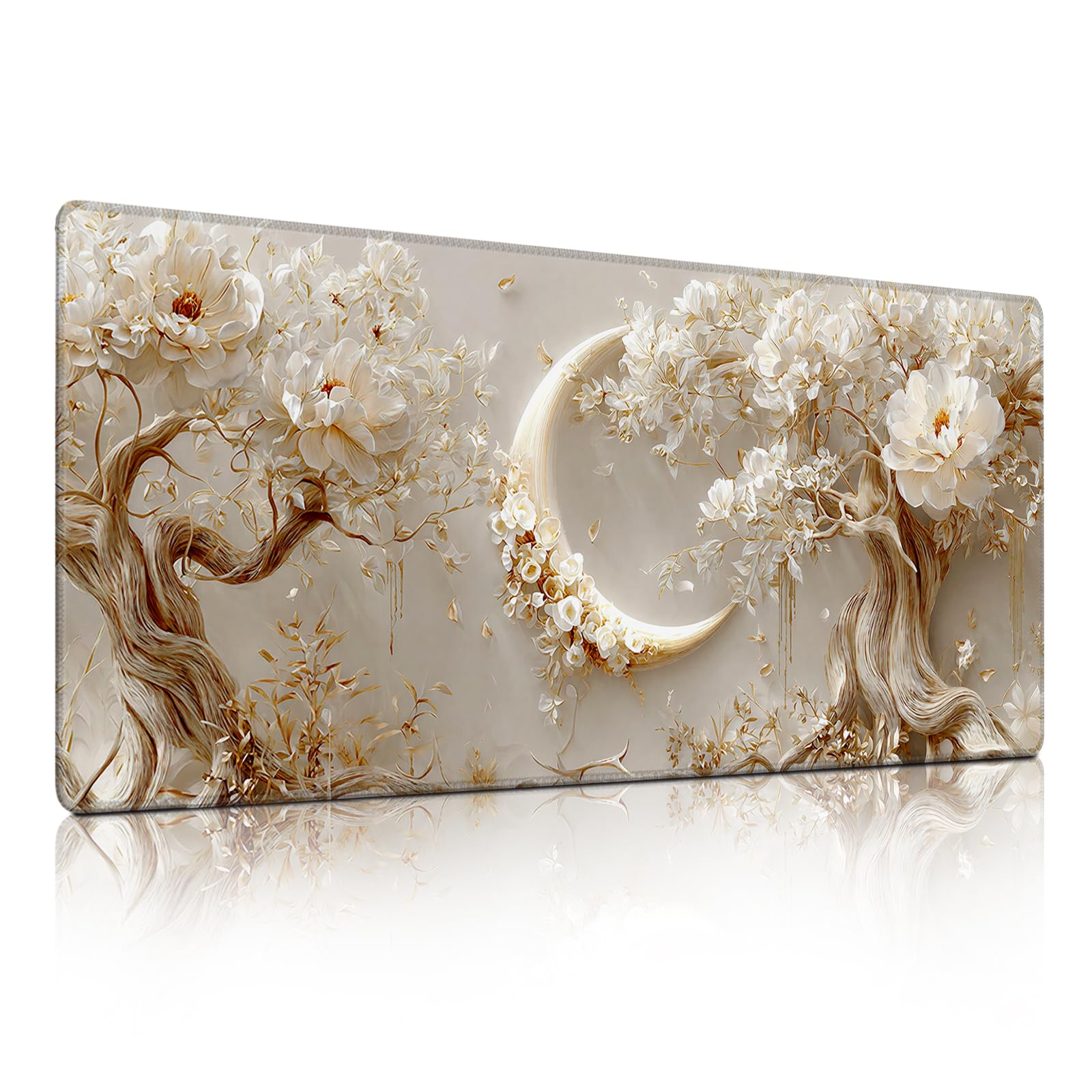 Floral Moon Mouse Pad, Luxury Gold White Flower Wall Decor Desk Mat - Large Non-Slip Office PC Laptop Desk Pad - 35.5"x15.7" x 3mm