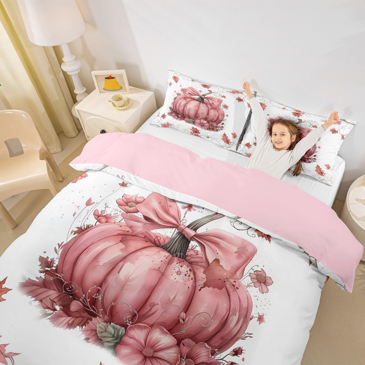 Homewish Różowa kokarda dynia król poszewka na kołdrę Święto Dziękczynienia jesień żniwa poszewka na kołdrę wakacje liść klonu zestaw pościeli vintage retro rustykalny dom zestaw pościeli