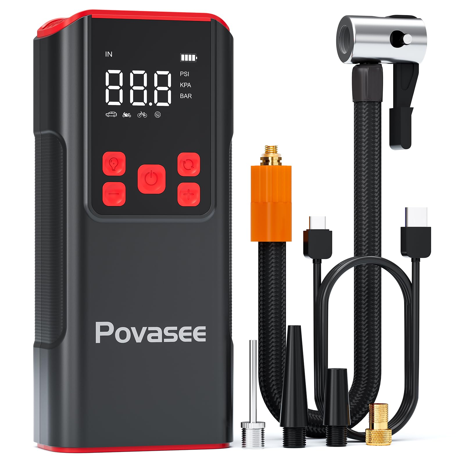 Povasee Portable Tire Inflator - 150PSI Cordless Air Compressor With LCD, Auto Stop, Flashlight For Cars, Bikes, Motorcycles - View #5