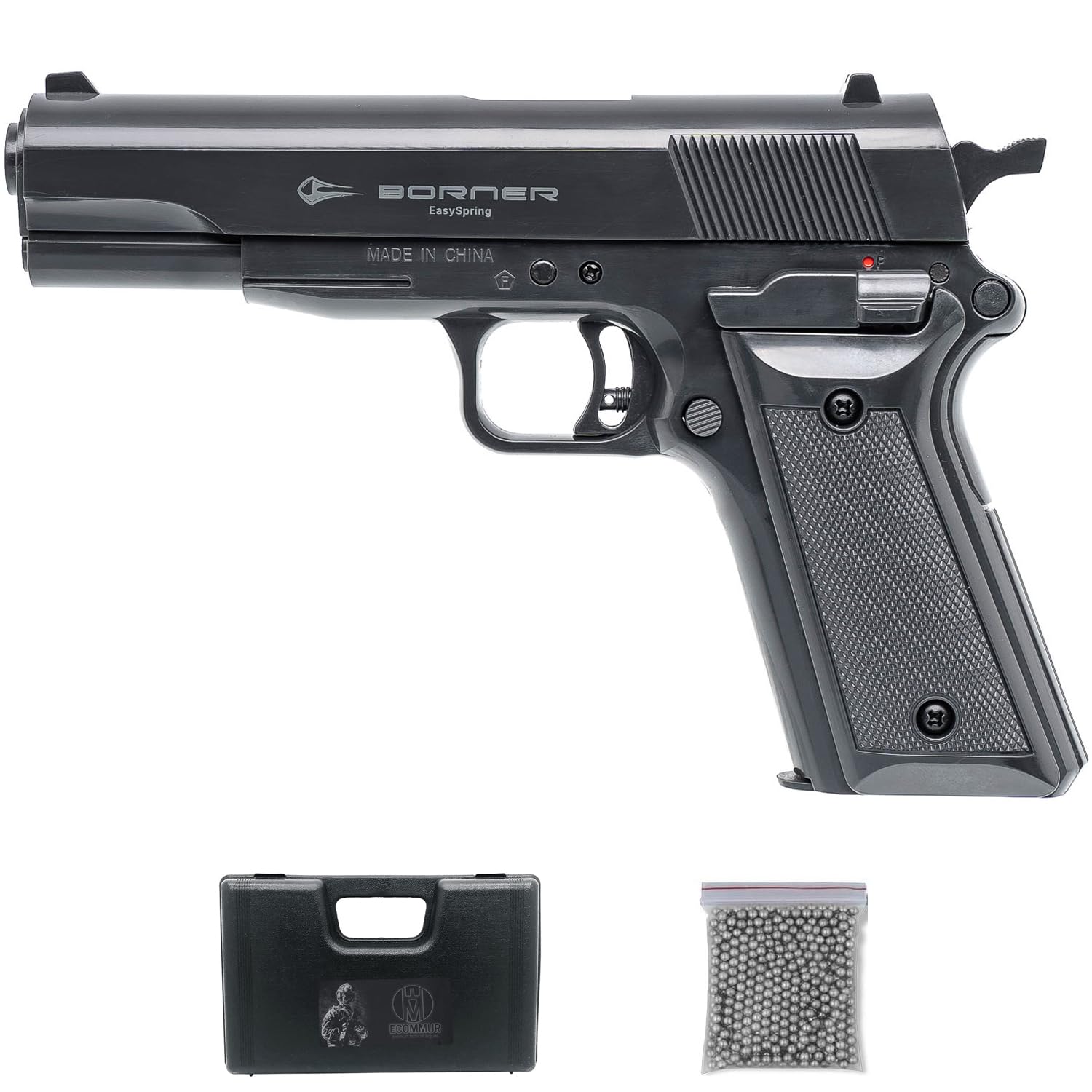 Pistola de Aire comprimido Borner EasySpring de balines 4,5mm | Pack M1911 Muelle +Bolas de Acero BB's + maletín y Diana [0,6 Julios]