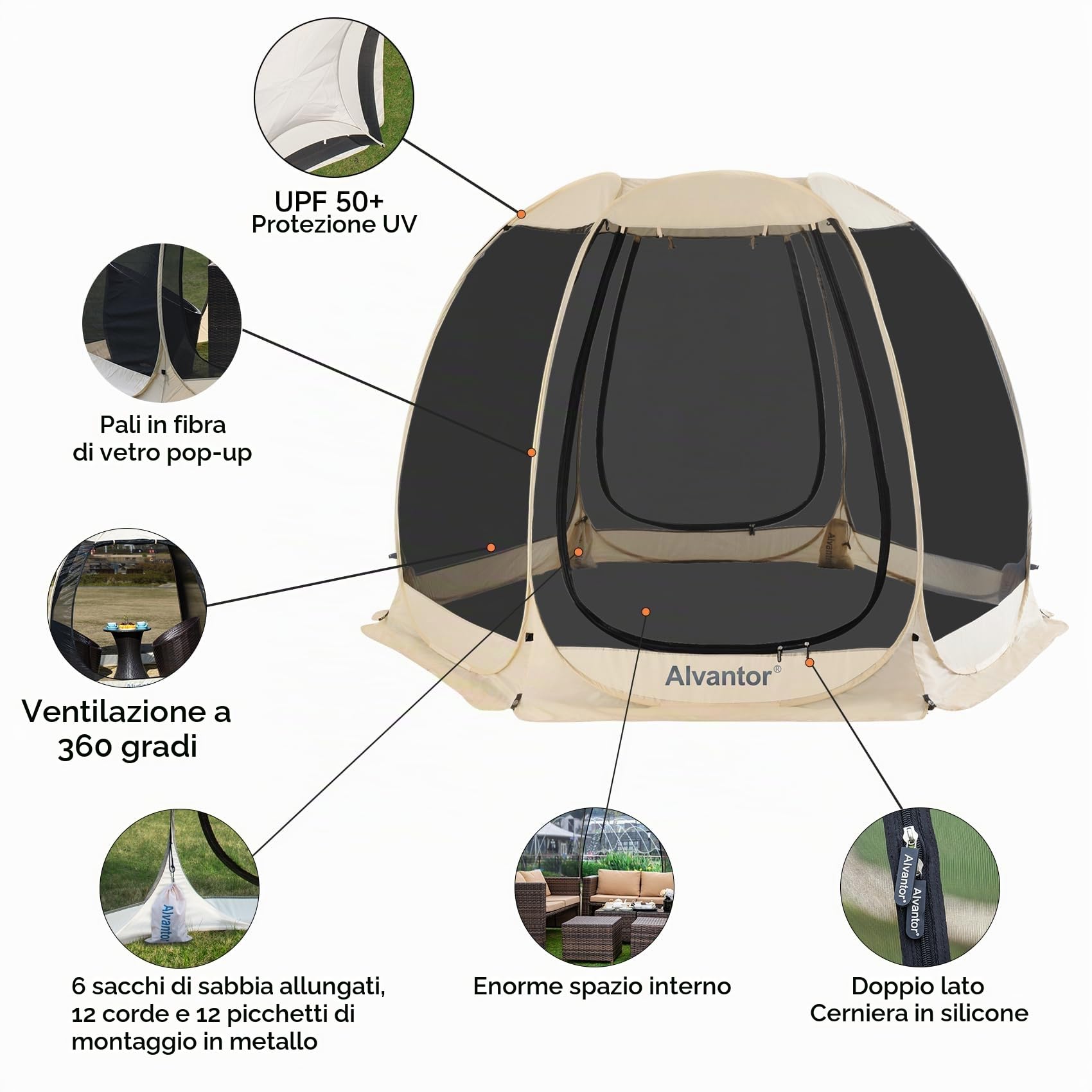 Alvantor - Tenda gazebo per 6-10-15 persone, tenda a baldacchino con zanzariera, protezione solare istantanea, resistente ai raggi UV, per giardino, patio, cortile