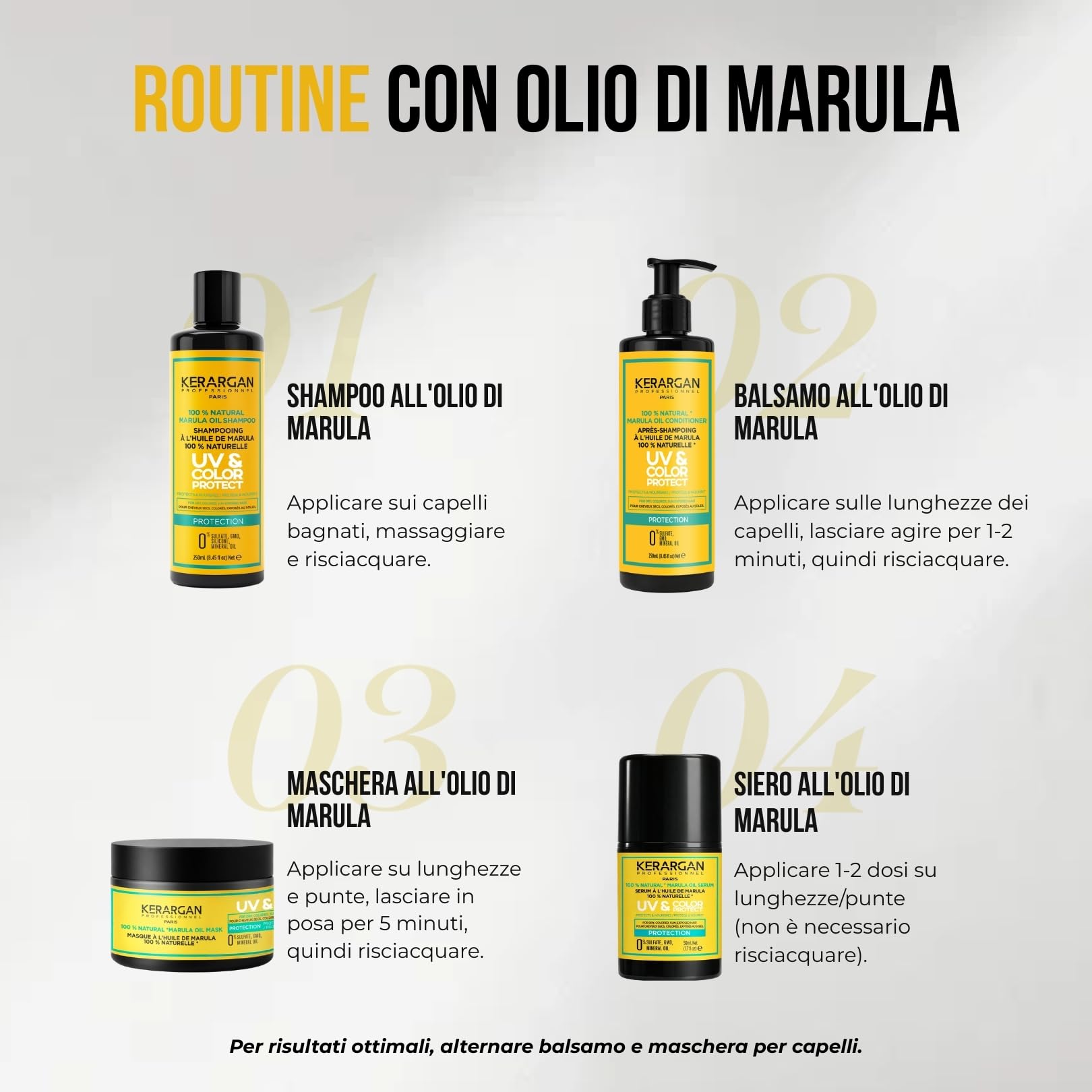 KERARGAN - Routine Marula con 4 Trattamenti Colore - 3x250ml+50ml | Shampoo, balsamo, maschera e siero alla marula, routine completa per trattare e proteggere i capelli colorati