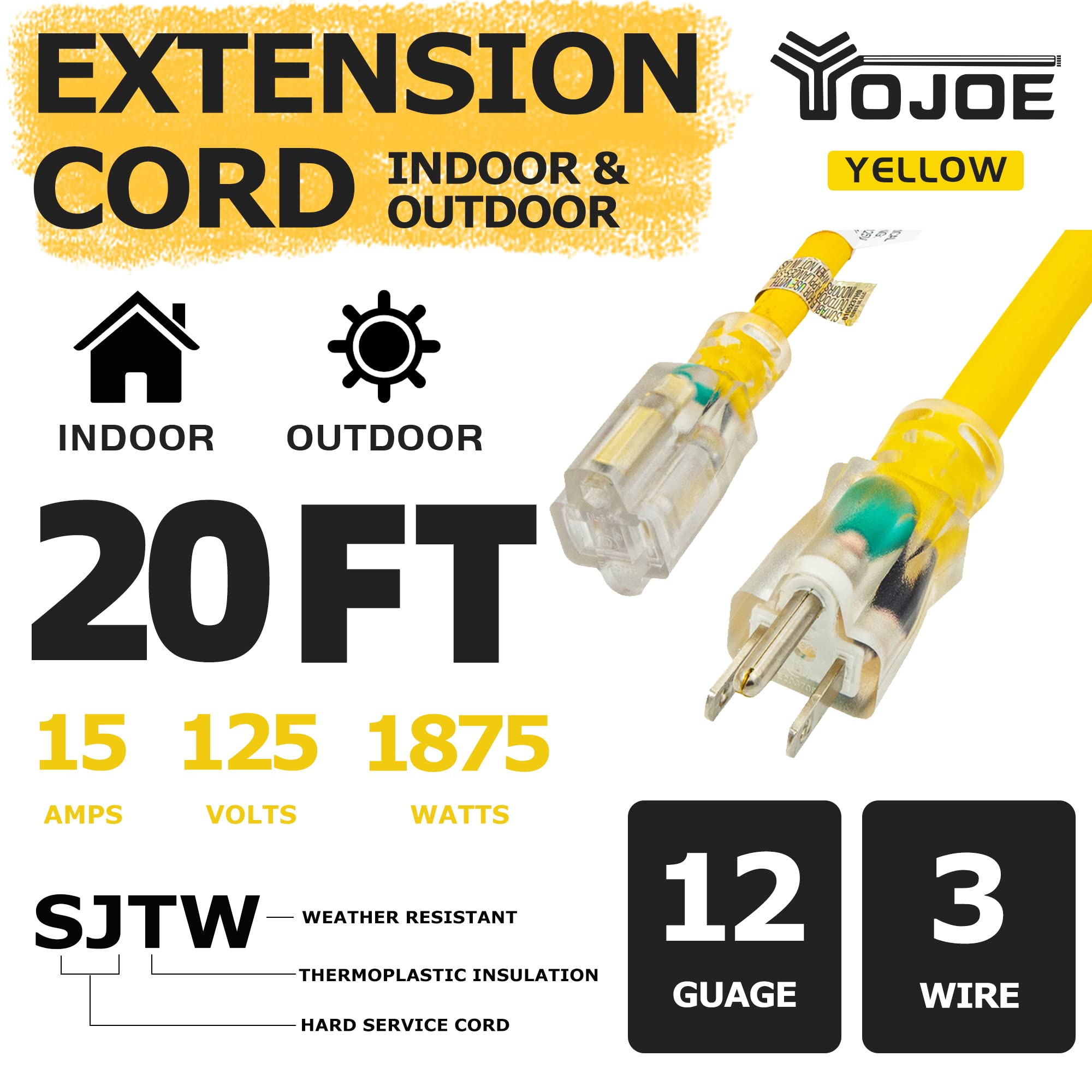 YOJOE Cable de extensión para interior y exterior con extremo iluminado, cable de alimentación resistente a la intemperie, calibre 12, cable de extensión amarillo para garaje, jardín