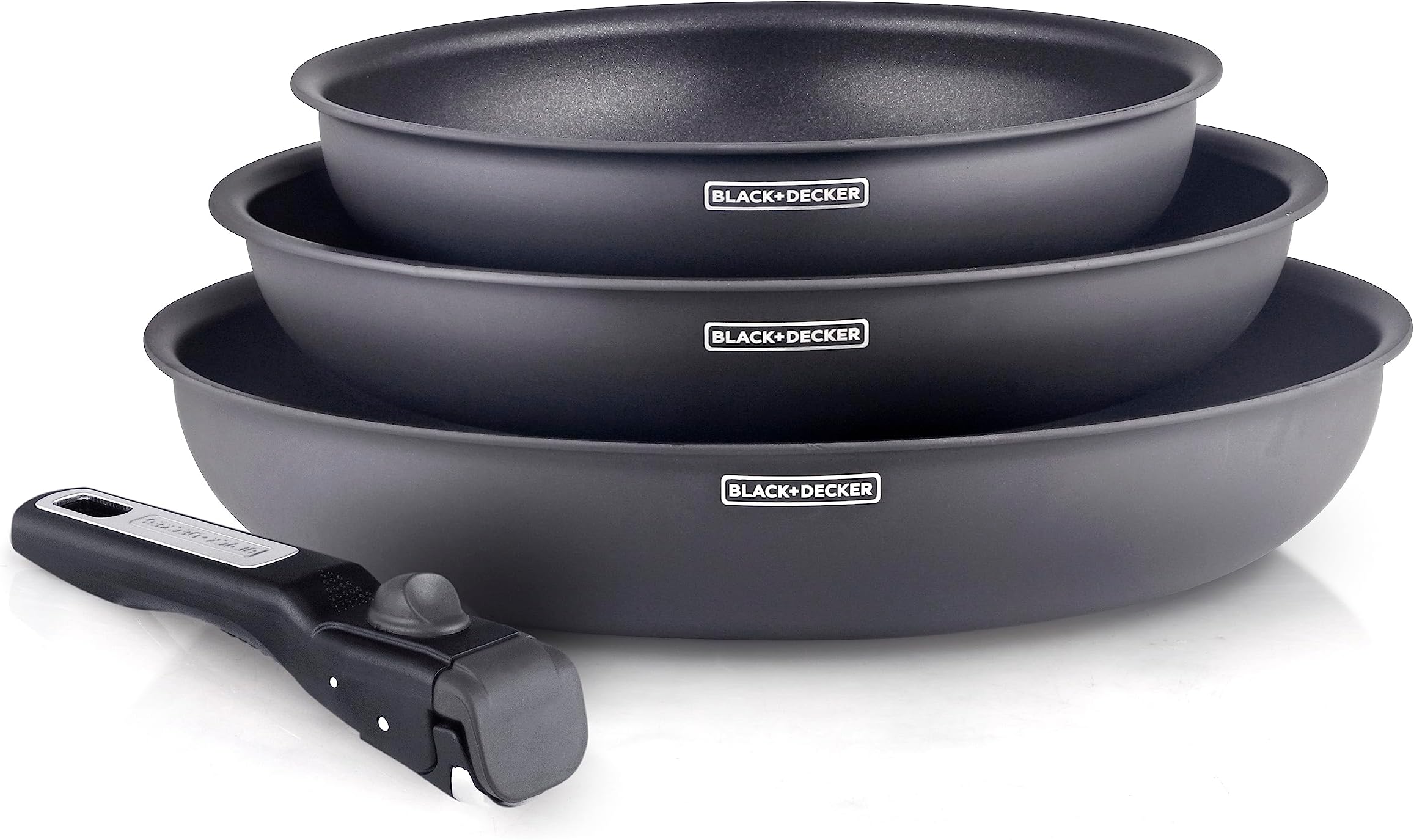 BLACK+DECKER, Batterie de Cuisine 3 poêles Full Gris Mat + poignée