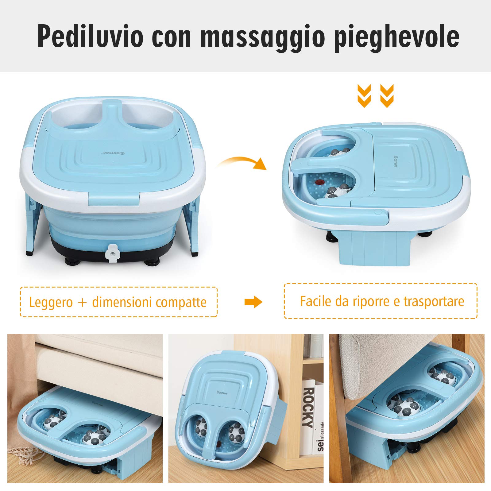 RELAX4LIFE Pediluvio Massaggiatore Piedi con Luce Infrarossa, Scalda Acqua Fino a 48°C, Massaggiatore Piedi Pieghevole con Telecomando Portatile, Funzione Calore e Rullo (azzurro)