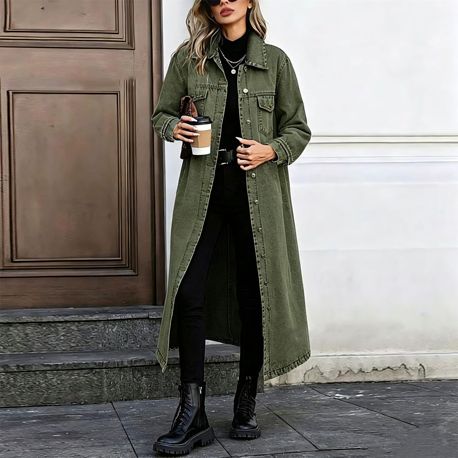 Trench Dżinsowy Długi Damski Klapa Guziki Kurtka Denim Luźna Oversize, Zielony, L | Wiatroodporny dżins z praktycznymi kieszeniami bocznymi. Łatwe dopasowanie do innych ubrań. Com, idealny do pracy