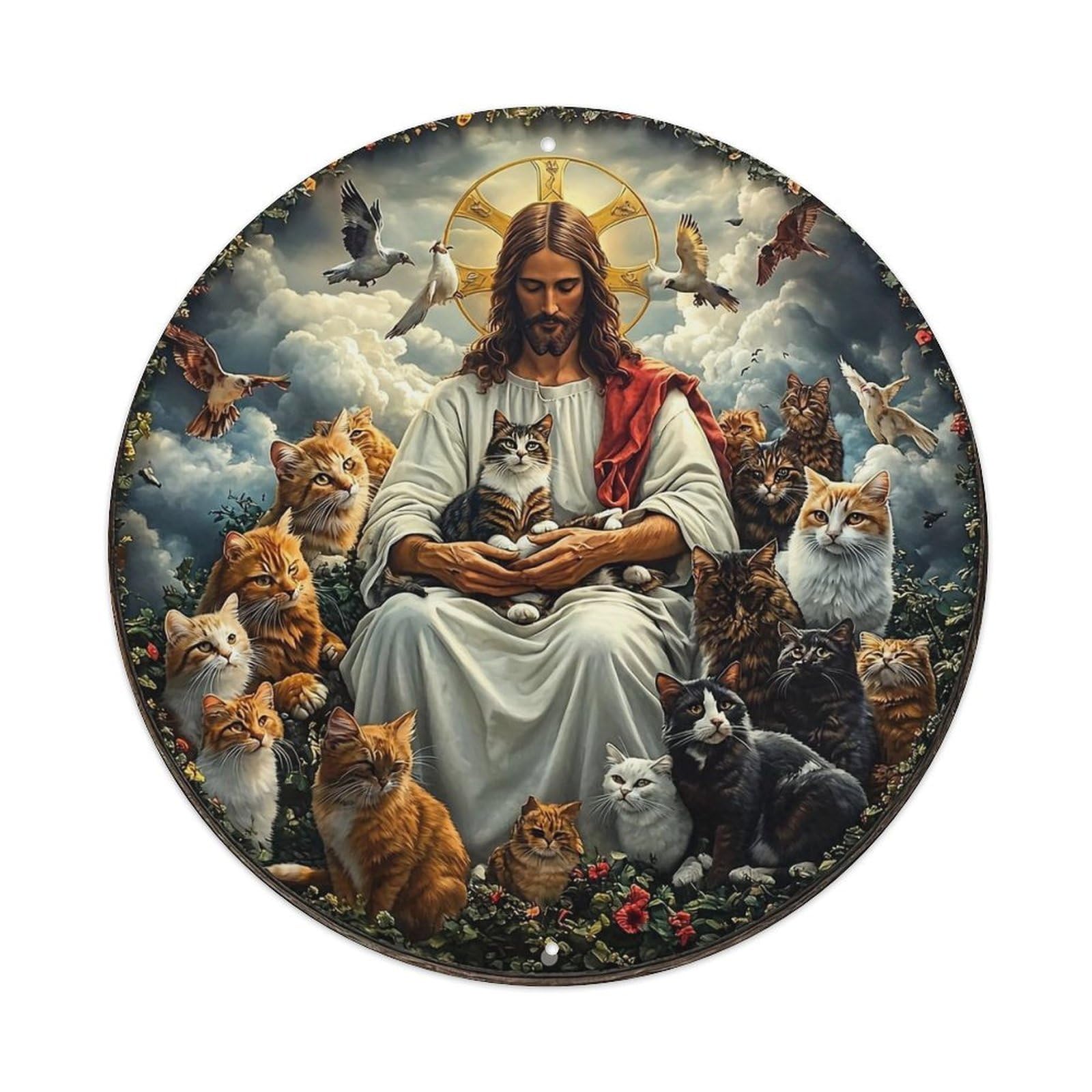 Jesus Holding Cat Surrounded By Cats Vintage Metal Tin Sign Retro Wall Decor for Home Bar Garage Cafe, Indoor & Outdoor Decorative，circle Metal Poster, 8x8 Inch