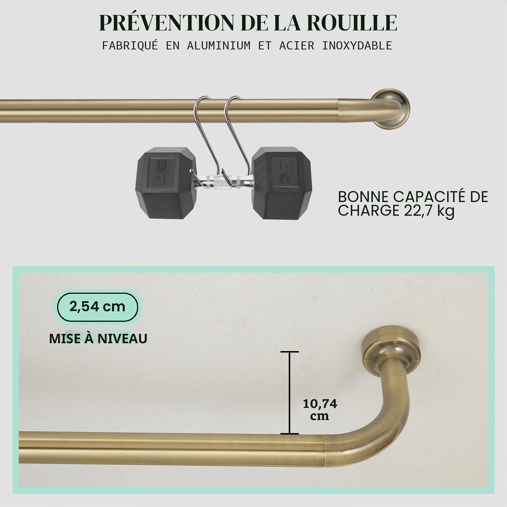 Tringle à rideaux réglable en bronze antique pour fenêtres de 40,6 à 71,1 cm, épissure interne de 2,5 cm de diamètre, tringle à rideaux occultants avec embouts et supports en aluminium, design