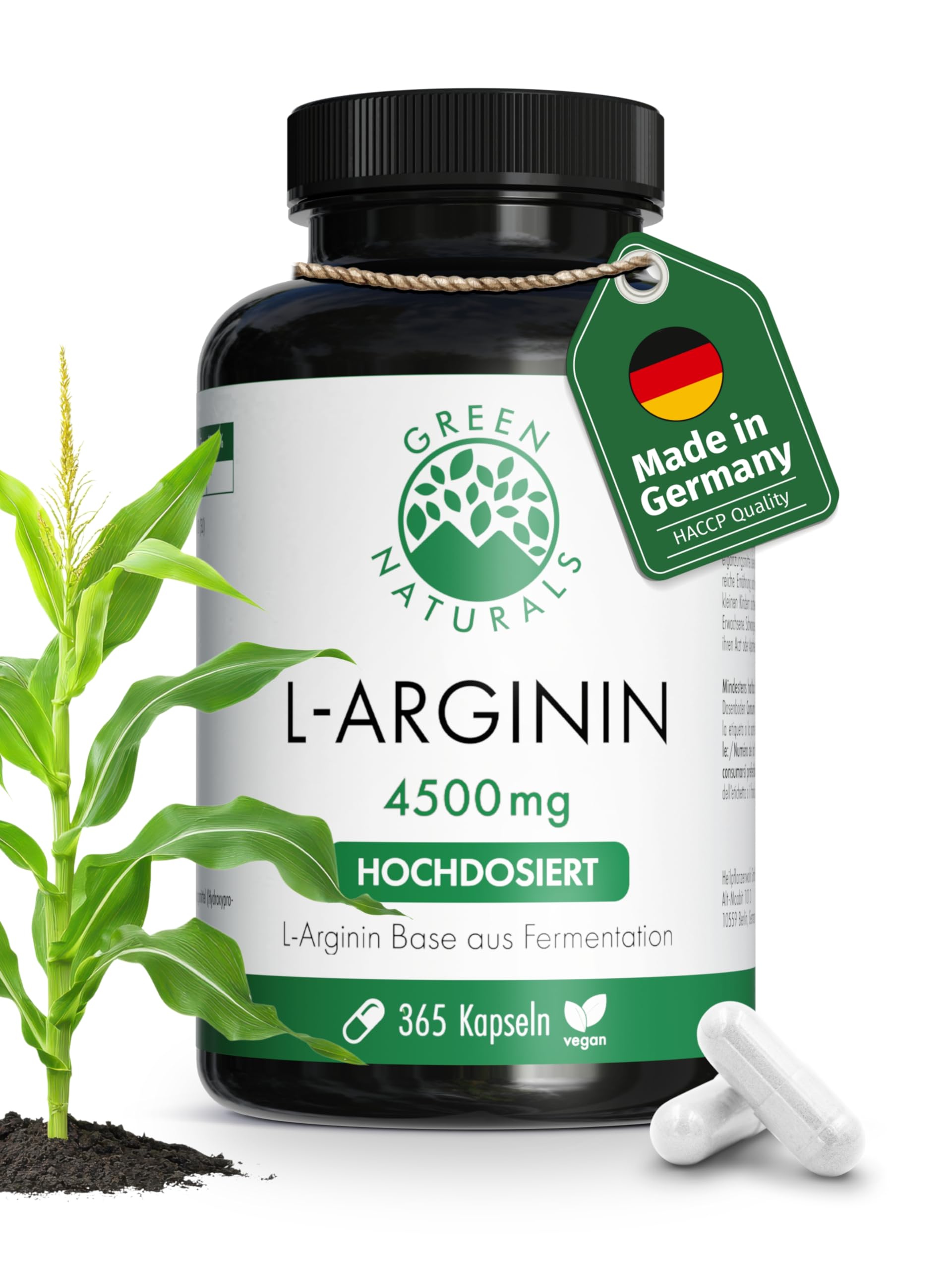 Green Naturals L-Arginin – Hochdosiert: 4.500 mg – 365 Kapseln | Reines L-Arginin Base · Aus natürlicher Fermentation · 2-Monatsvorrat