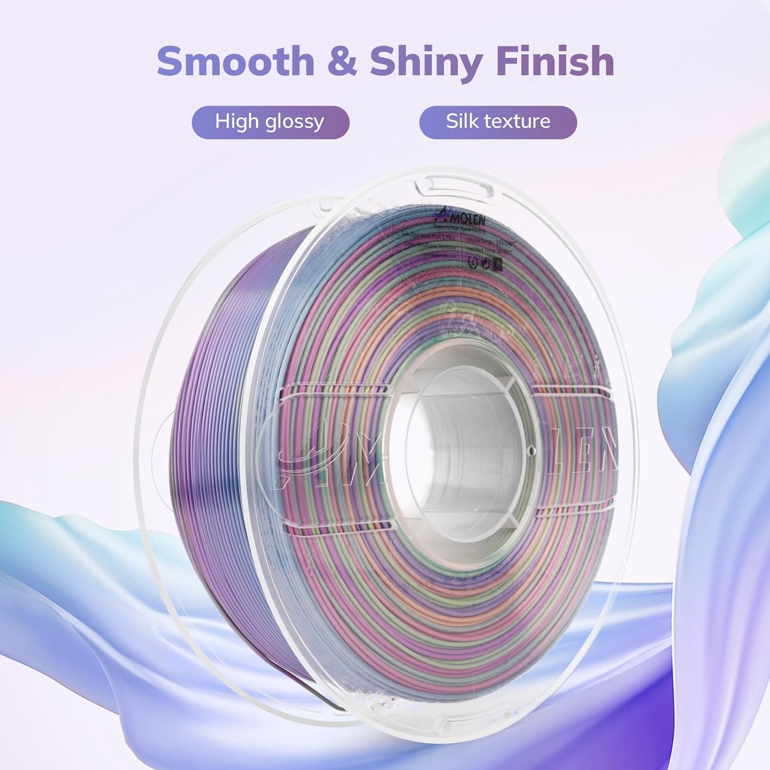 AMOLEN Silk PLA 3D Printer Filament, Shiny Multicolor Kingfisher Rainbow PLA Filament 1.75mm, Gradient Color Change PLA 3D Printing Filament for Most FDM 3D Printer, Blue Purple Yellow, 1kg (2.2lbs) - Image 2