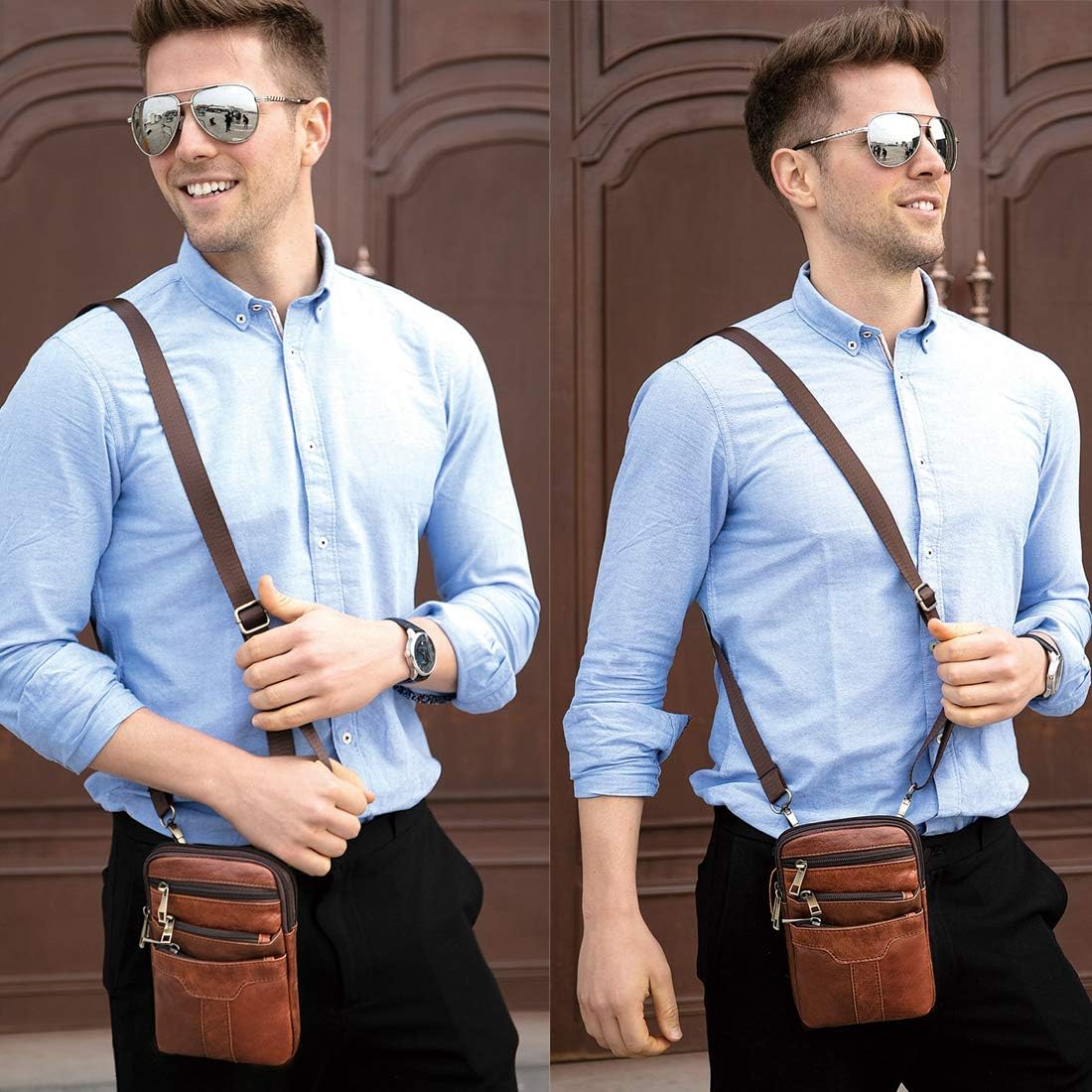 Leather Cell Phone Shoulder Bag Mens, Cell Phone Waist Bag Leather, Small PU Leather Shoulder Messenger Pouch Travel Crossbody Pack Belt Clip Holster Wallet Chest Bag for Cell Phone/Mini Tablet - Image 6