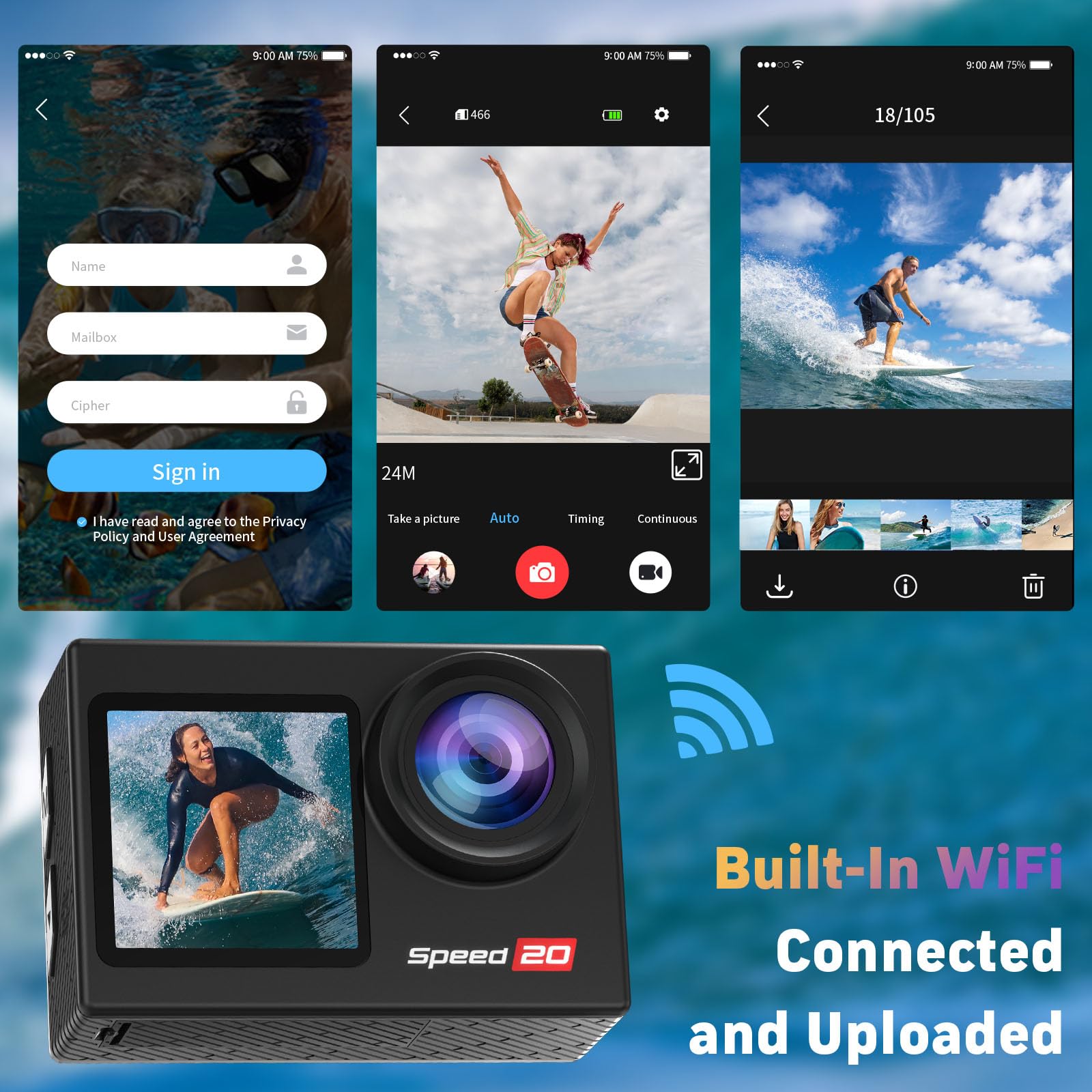 Speed 20 Action Cam 4K60FPS 40MP WiFi Unterwasserkamera 40M Wasserdicht Ultra HD Touchscreen 170° Ultra-Weitwinkel EIS Stabilisierung 5X Zoom