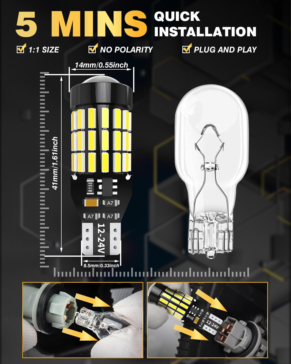 T15 W16W LED Bombilla 6500K Blanco Frío 51SMD 921 912 955 Bombilla Automotriz Canbus Sin Error 3000LM para Luces de Marcha Atrás para Automóviles 12V 24V, 2 Piezas