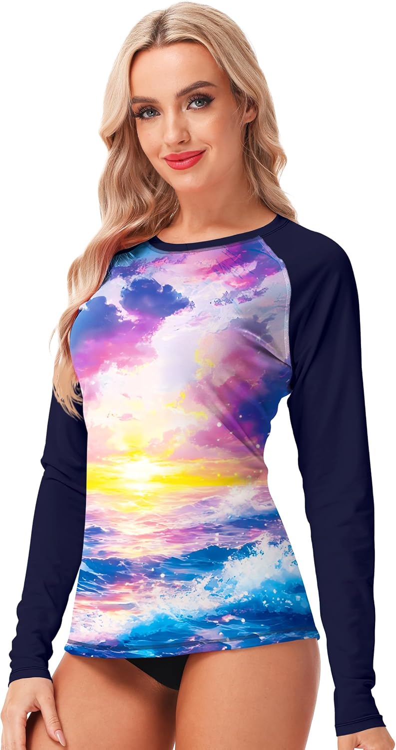 SPF Swim Shirts Women Long Sleeve Sun Block Swimming Surfing Top UPF 50 Sea Wave Beach Sun Shirts L Navy Purple