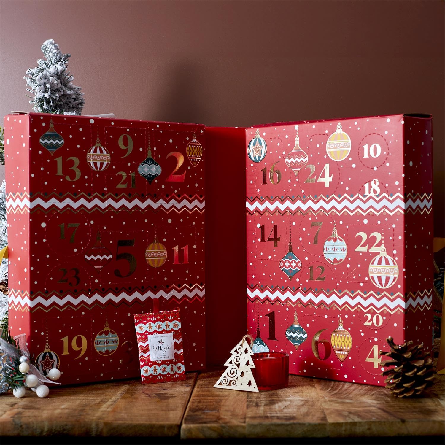 Großer Weihnachts-Adventskalender mit 24 Überraschungen – Kerzen und Weihnachtsdekoration – Adventskalender für Erwachsene – Für Frauen und Männer – 34 x 25 x 14 cm – Rot