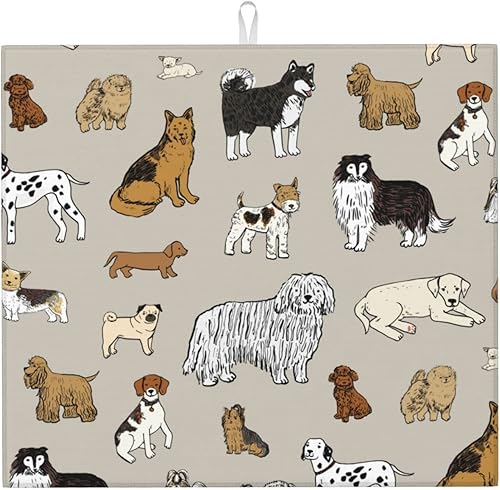 Perinsto Tapete de secado de platos con diseño de perros lindos de 16 x 18 pulgadas, tapete protector de platos para encimera de cocina, tapete