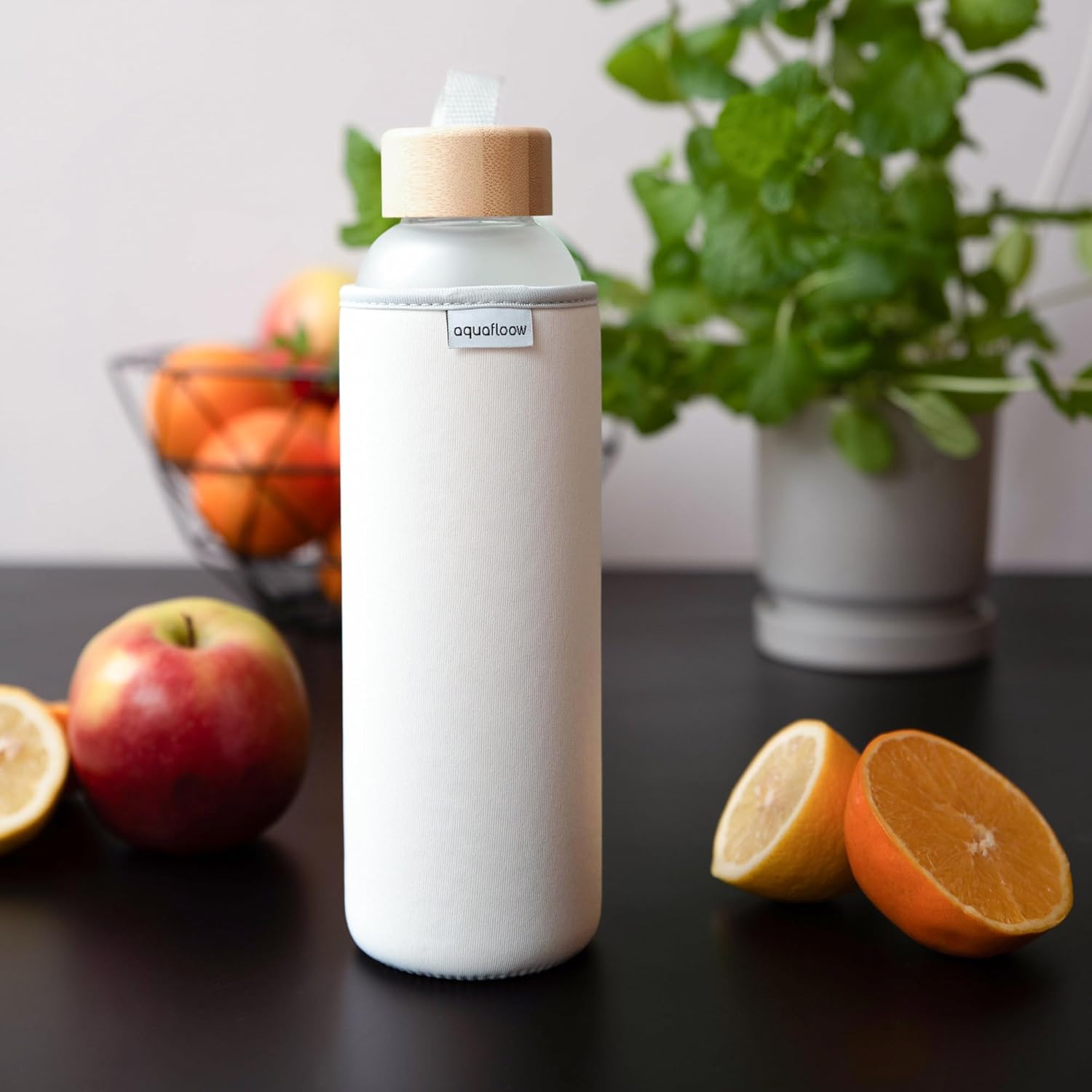 Drinking Bottle Glass 700 ml, Transparent Water Bottle Borosilicate Glass with Bamboo Lid and Neoprene Sleeve | Ideal for Office, Outdoor, School, for Carbonated Drinks – white