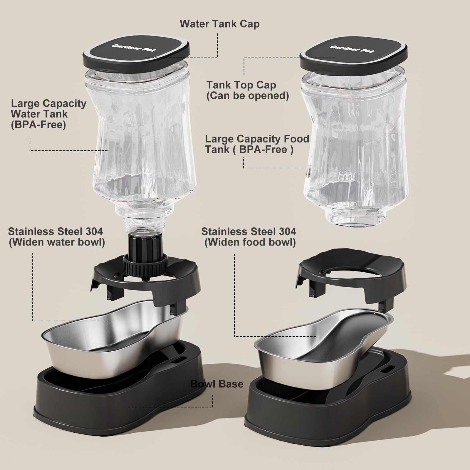 Gardner Pet 3.85L Distributore Automatico Cibo Gatti (Set da 2), Dispenser Acqua Gatti con Ciotola in Acciaio Inox, Dispenser Crocchette Gatto Assenza di ElettricitÀ, Senza BPA, Nero