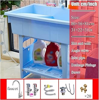 Blue Freestanding Plastic Outdoor Sink With Hot & Cold Faucet, For Garage, Basement, Garden