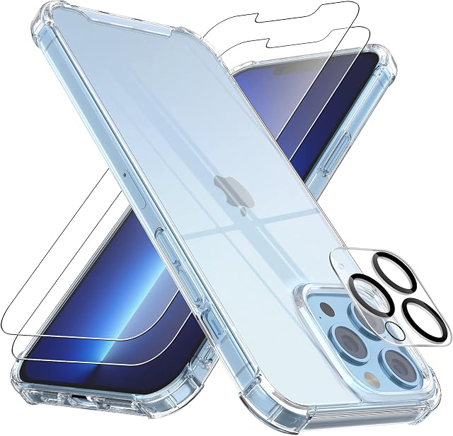 4youquality (4-in-1 Case for iPhone 13 Pro Max Case with [2-Pack Tempered Glass Screen Protectors + 1-Pack Camera Lens Protector], Transparent Clear Bumper Phone Case for iPhone 13 Pro Max