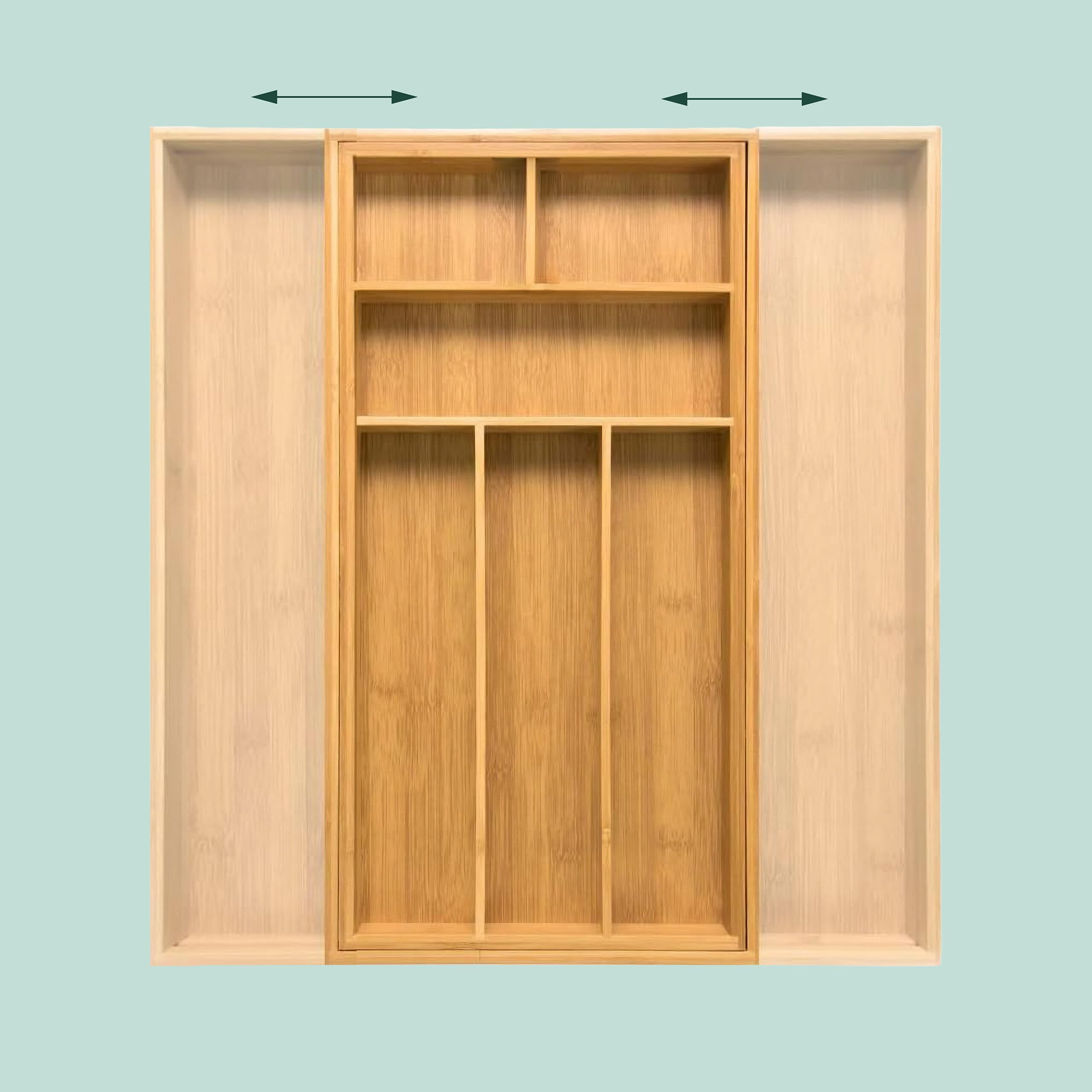 Relaxdays Expandable Cutlery Organizer, Bamboo, H x W x D 6.5 x 33-49.5 x 47.5 cm, 6-8 Compartments, Natural