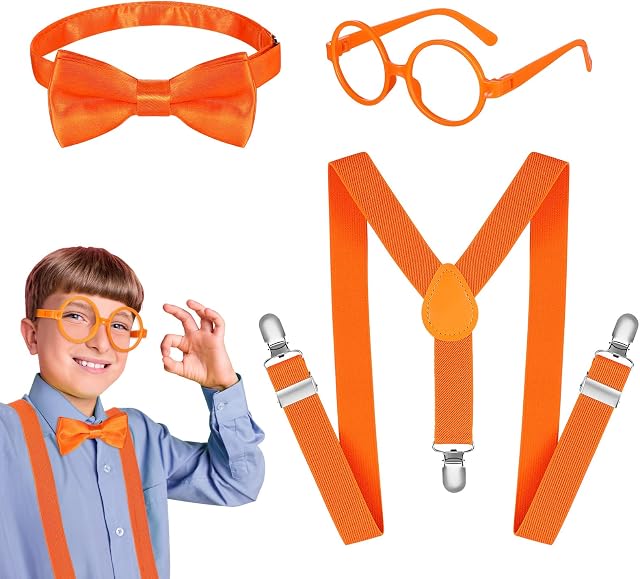 BBTO 3 Pcs Kids Suspenders Orange Kids Glasses Halloween Costume Include Kids Braces Bow Tie Frame Only Glasses No Lens Sunglasses for Boys Toddlers Halloween Party Favors