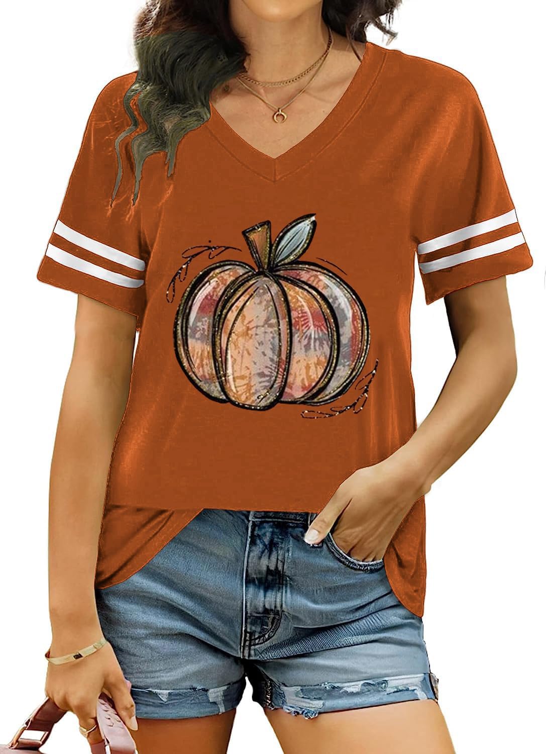 Womens Striped Sleeve V Neck T-Shirts Short Sleeve Casual Funny Graphic Tee Tops 9 Brown Medium