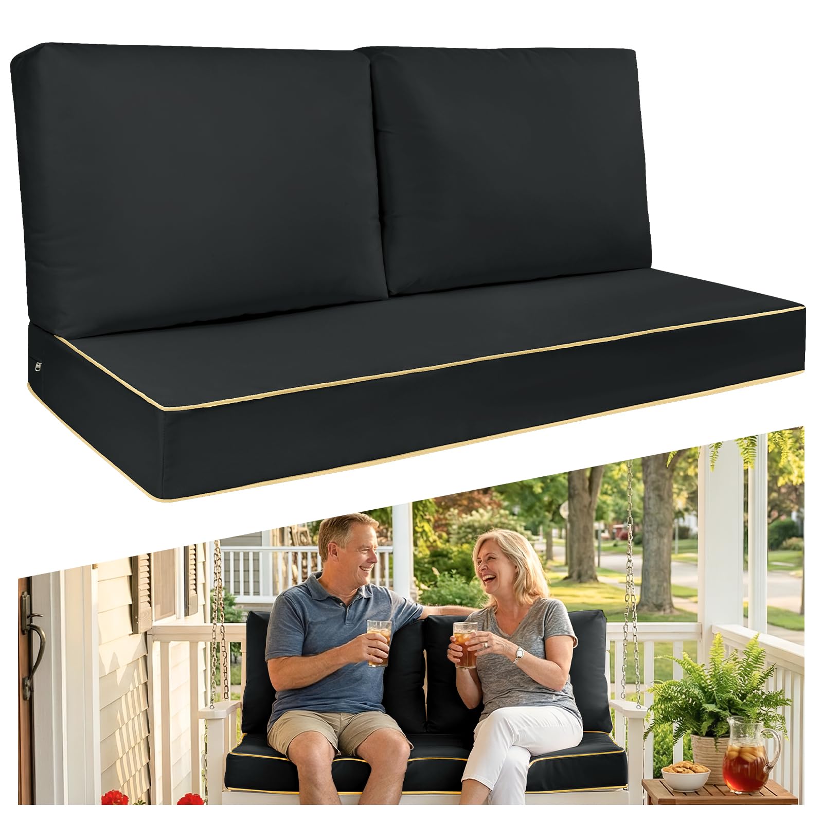 TaiBest 2 Seater Outdoor Sofa Cushion Set - Plush Patio Seat & Back Pillows with Thick Comfort Foam, Waterproof Weather Resistant Garden Furniture Cushion Replacement for Porch, Deck & Bench (Black) — image 1