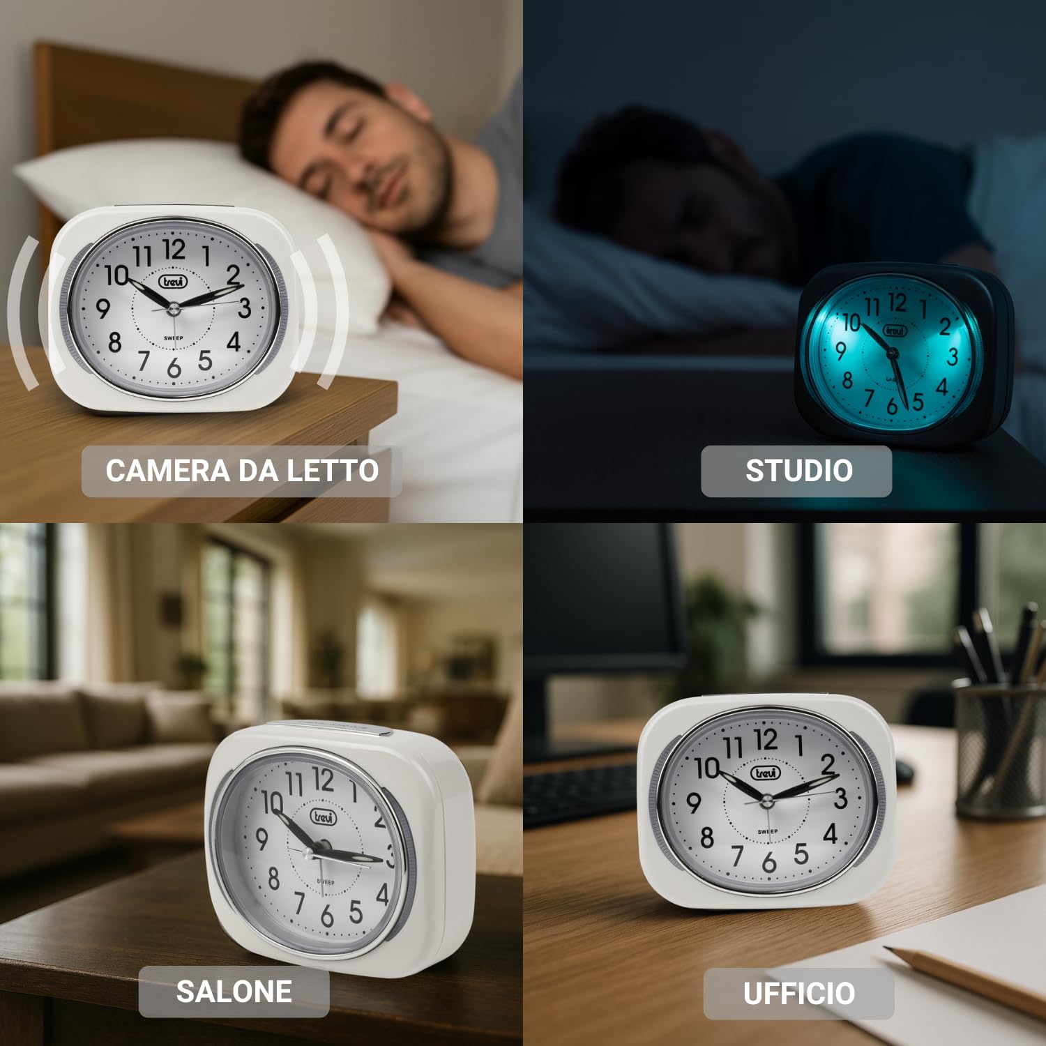 Trevi SL 3040 Sveglia Analogica Silenziosa con Retroilluminazione LED e Ampio Quadrante, Movimento SWEEP Senza Ticchettio, Funzione Snooze, Funzionamento con Batteria Stilo AA, Facile Utilizzo, Bianco