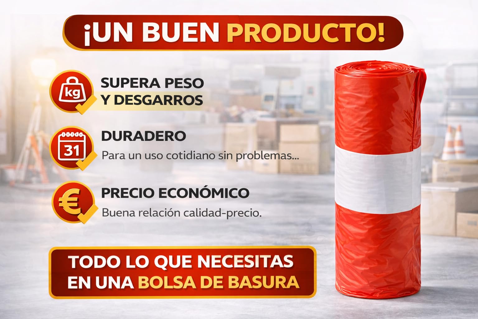 Bolsas de Basura Extra Resistentes Galga 120 – 85 x 105 cm – Color Rojo – Alta Capacidad y Antidesgarro – 50 Rollos de 10 Bolsas – Uso Profesional y Doméstico