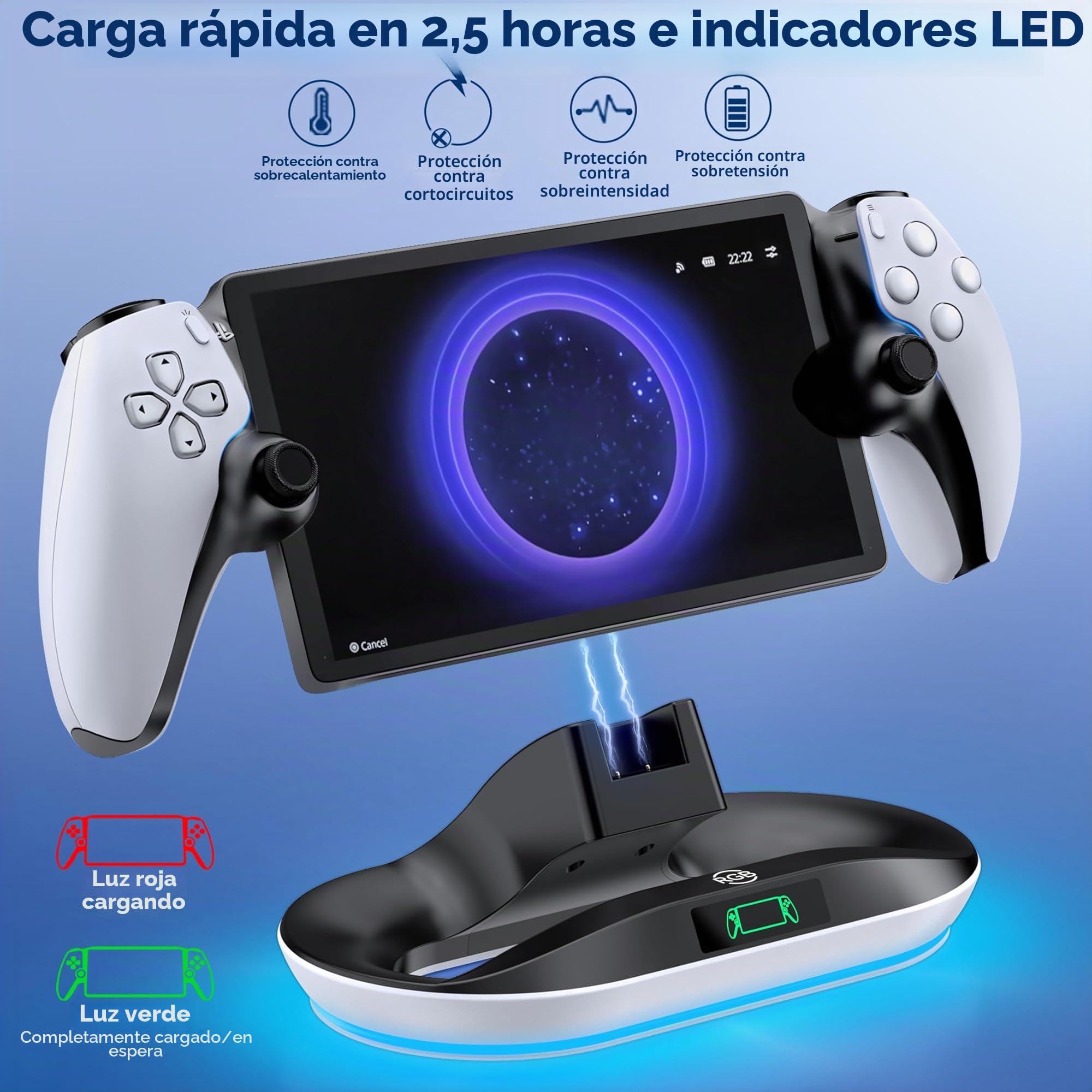 Soporte de carga para reproductor remoto PS Portal, PS- Base de carga portátil con 9 modos de luz RGB, Portal- Estación de acoplamiento con conector magnético