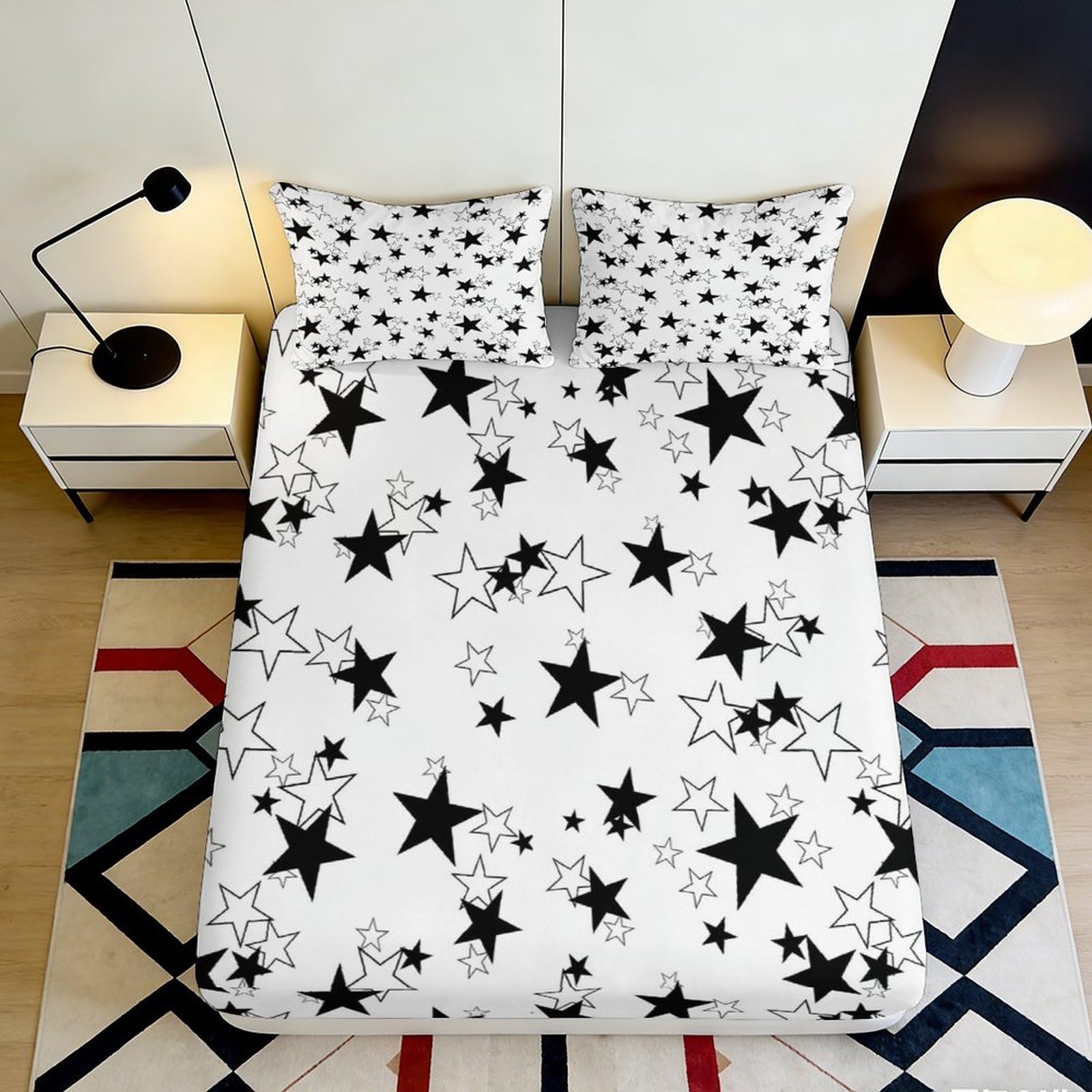 Uxinyoume Style-9 3D Printed Black Star Fitted Sheet Microfiber Soft Decorative White Cosmic Nebula Mattress Cover Bedroom Dorm Easy Care 90X200x25cm
