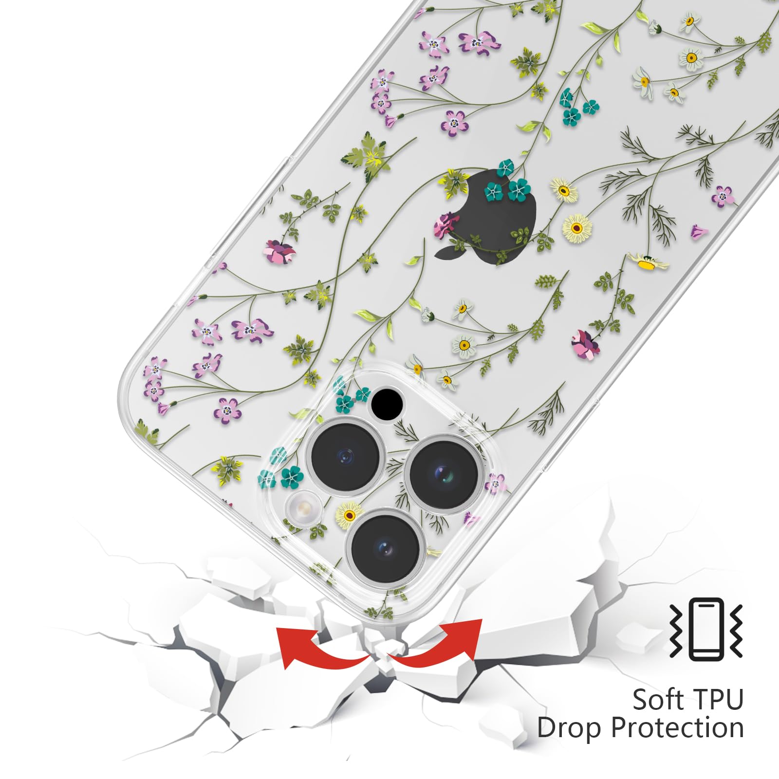 Unov Custodia Trasparente Con Fiori In Rilievo Per IPhone 14 Pro Max – Morbida TPU, Protezione Fotocamera E Schermo, Ricarica Wireless