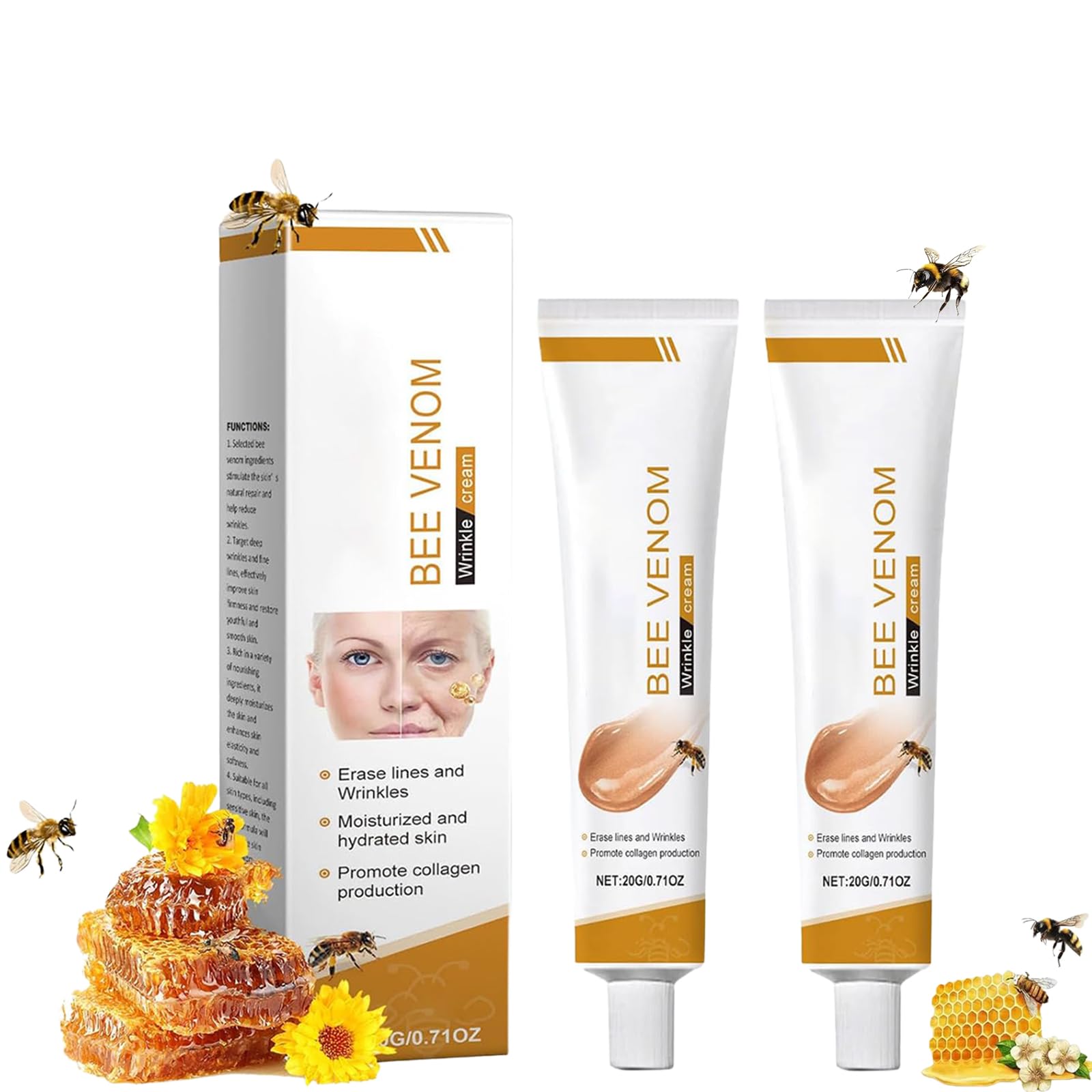 2PCS Crema Antiarrugas con Veneno de Abeja, Reafirmante Facial y Cuello, Hidratante Reparadora para Todo Tipo de Piel, Cuidado Intensivo, 20g por Unidad