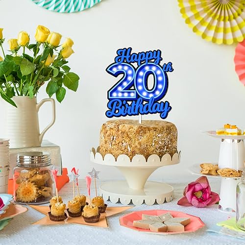 Miniatura 7 de Decoración de pastel de cumpleaños 20 con purpurina azul Let's Glow Crazy Party Theme Decor Supplies Men Women Happy Birthday 20 Anniversary Party