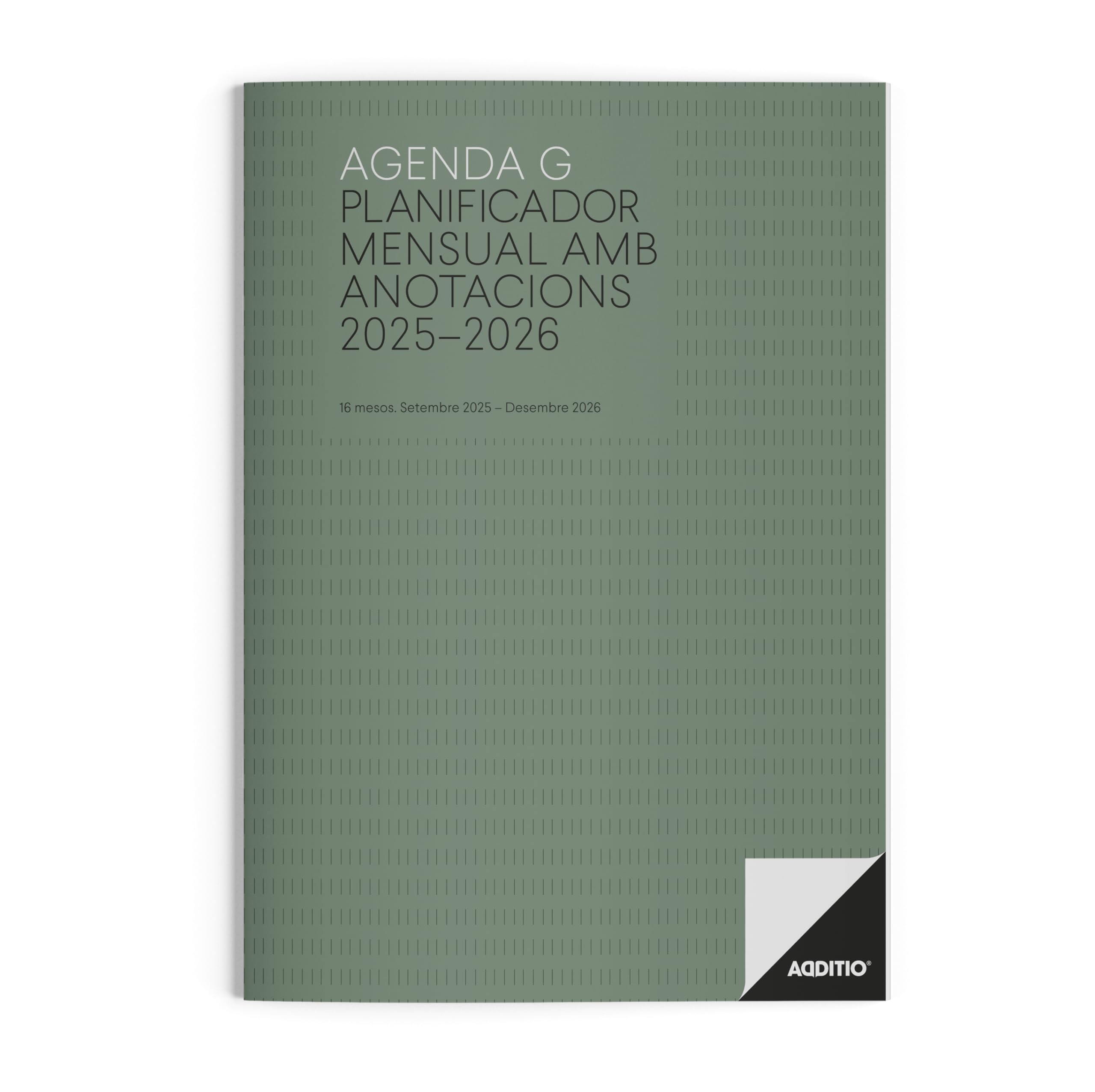 ADDITIO - Agenda G para el profesorado | Planificador mensual | 16 meses | Anotaciones | Tamaño 19,5 x 28,5 cm. | Catalán | Azul Turquesa | Verde Oliva